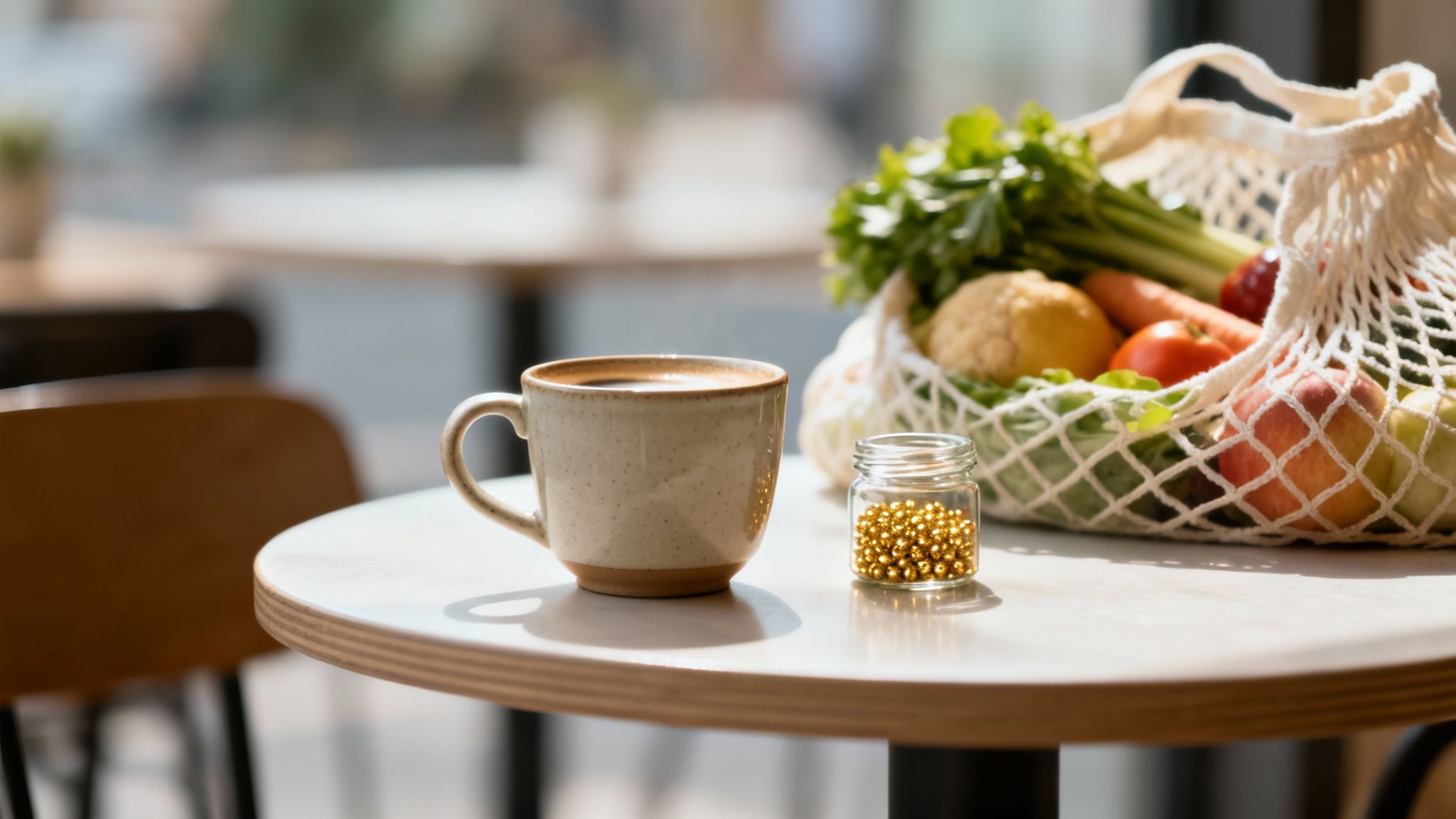 Kaffeetasse, goldene Streusel und ein Netzbeutel voller frischer Lebensmittel auf einem Tisch.
