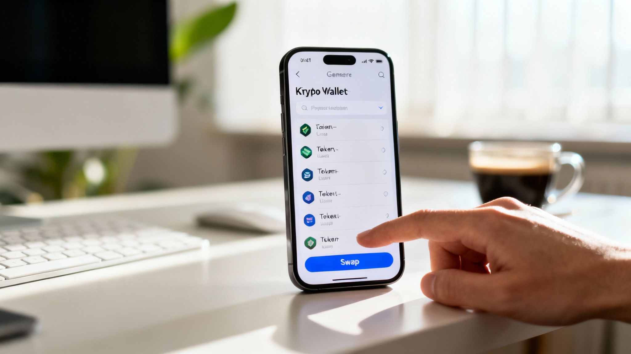 Hand zeigt auf Krypto Wallet App auf Smartphone mit Token-Liste und Swap-Button