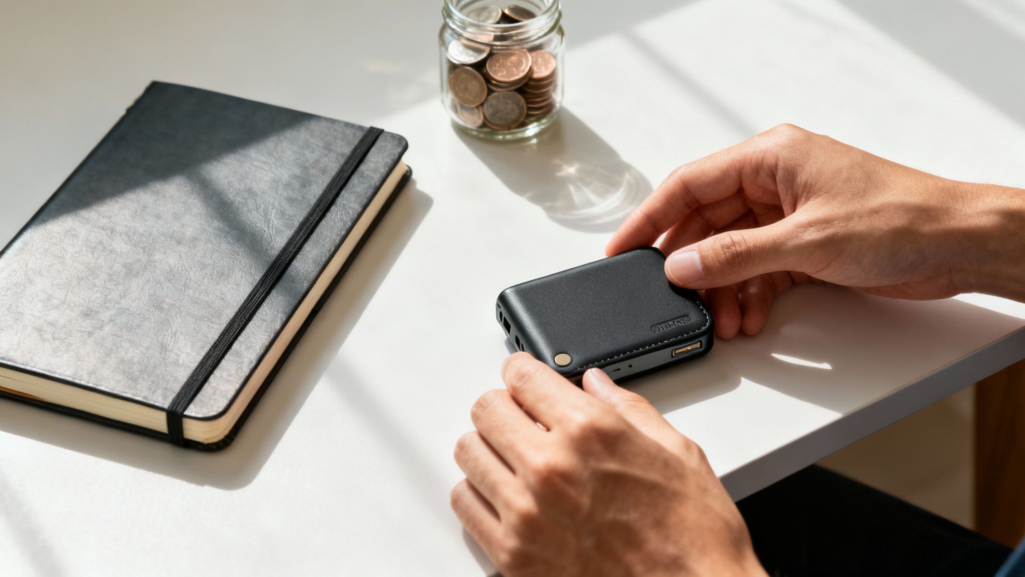 Nahaufnahme von Händen, die ein schwarzes Gerät halten, mit Notizbuch und Münzen in einem Glas auf dem Tisch.