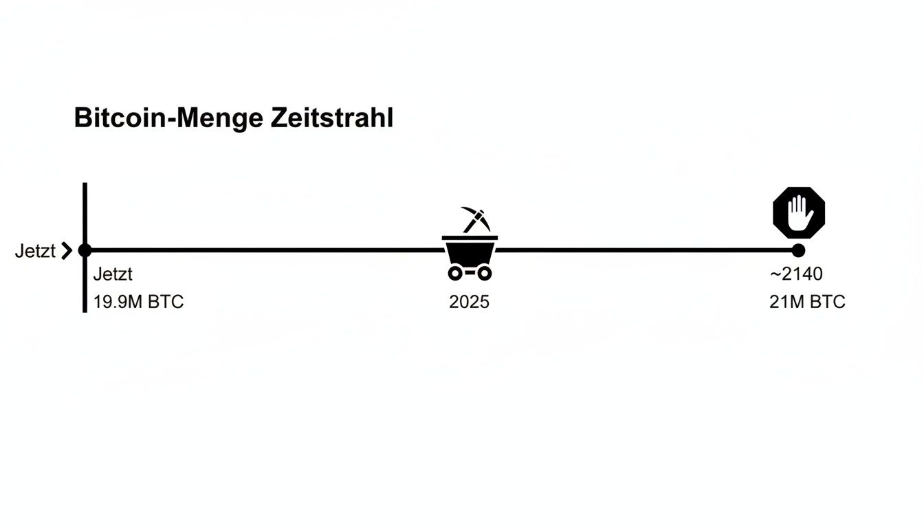 Bitcoin-Mengen-Zeitstrahl zeigt aktuelle BTC-Anzahl, Mining-Aktivität und das finale 21M BTC Limit.