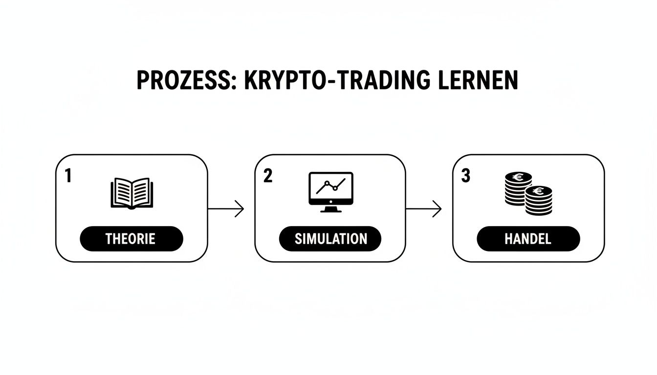 Prozess zum Erlernen von Krypto-Trading, dargestellt in drei Schritten: Theorie, Simulation und Handel.
