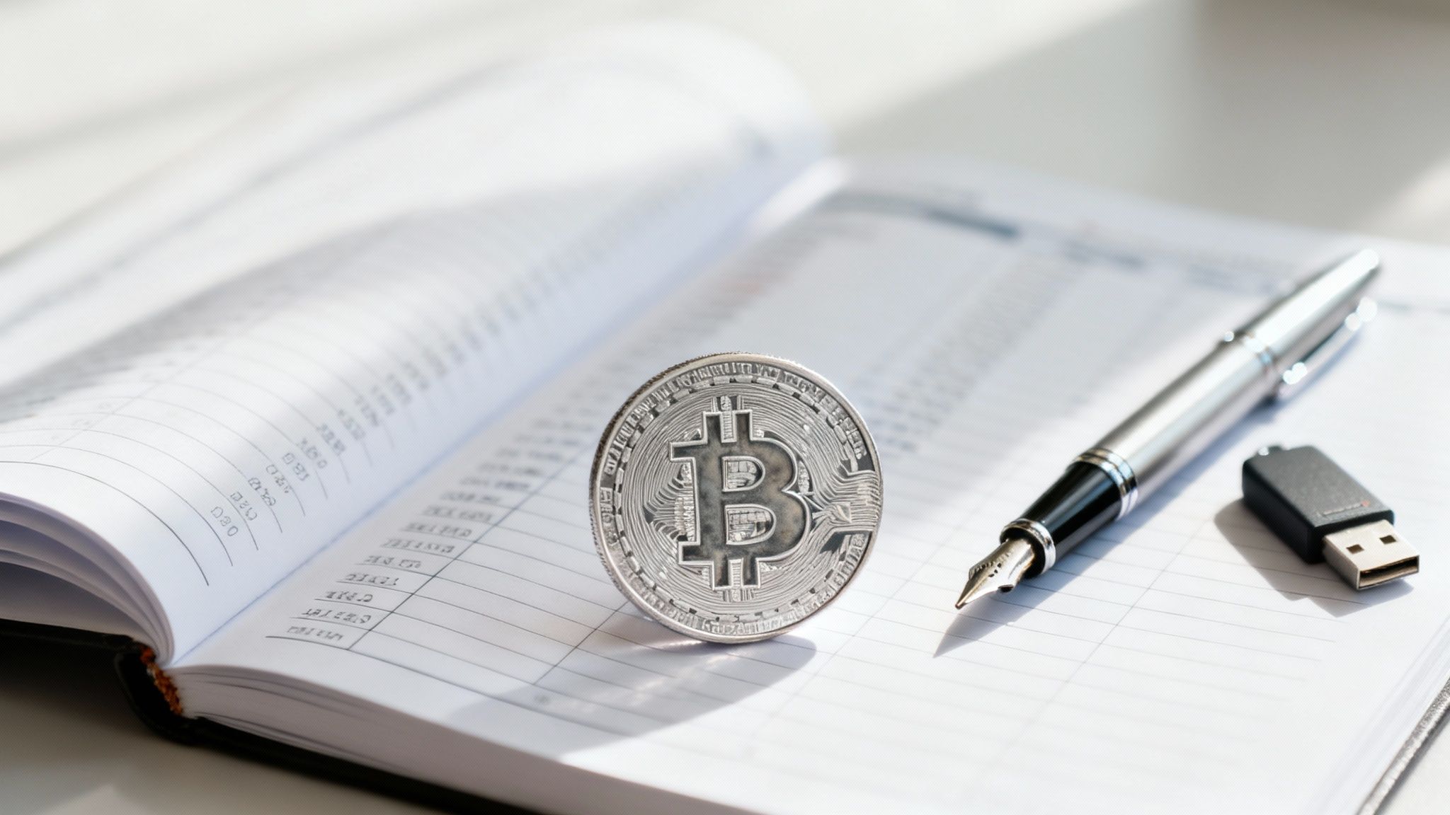 Silberne Bitcoin-Münze auf Notizbuch mit Füllfederhalter und USB-Stick unter Sonnenlicht.