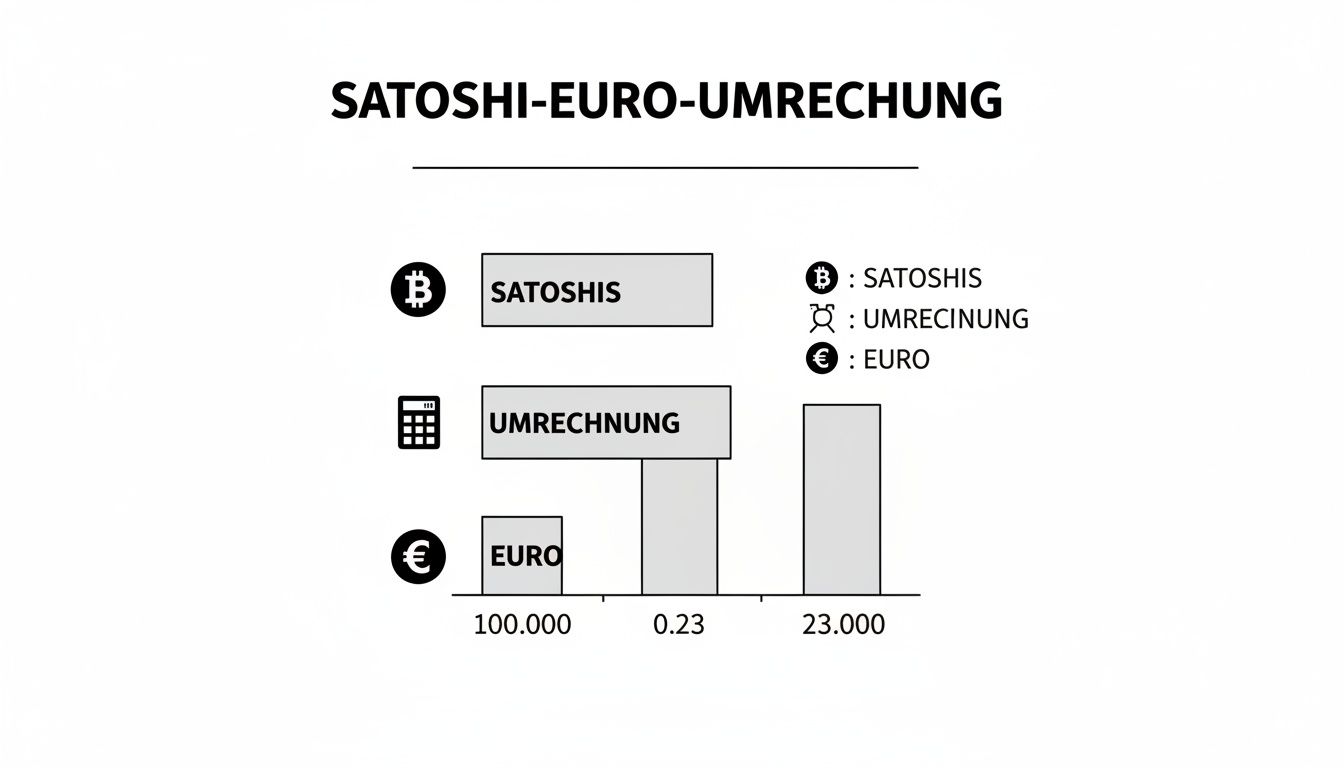 Diagramm zur Umrechnung von Satoshis in Euro, zeigt verschiedene Beträge und deren Gegenwerte.