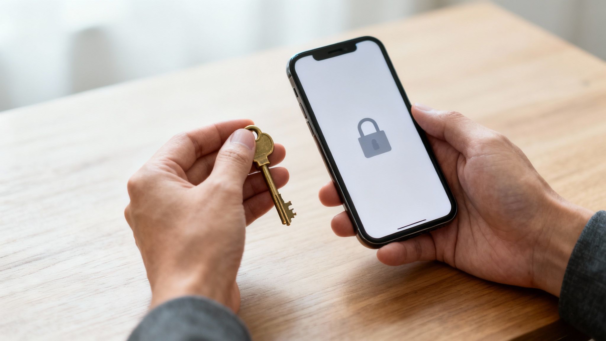 Hände halten einen goldenen Schlüssel und ein Smartphone mit einem grauen Schloss-Symbol für digitale Sicherheit.