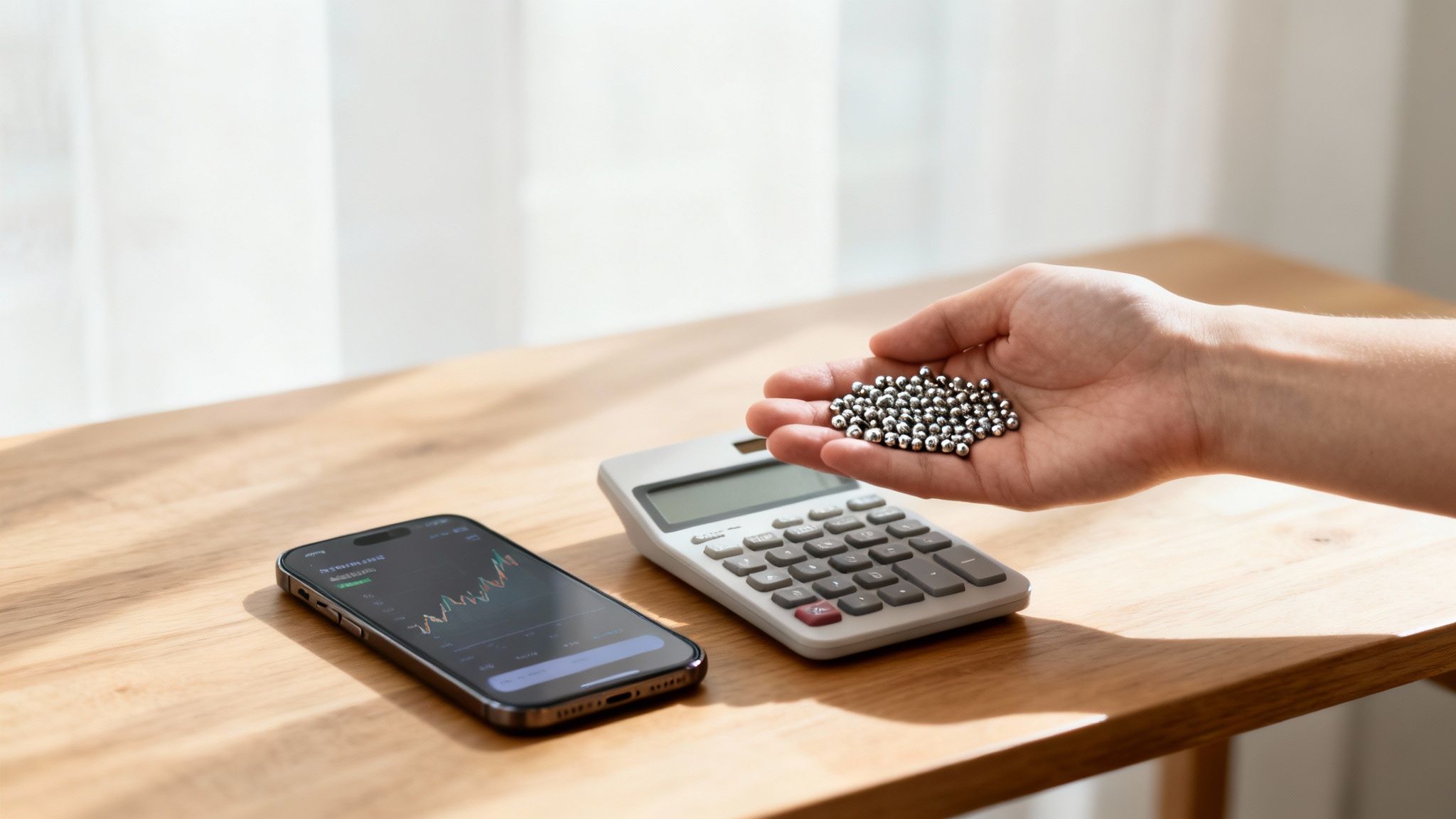 Eine Hand hält kleine Silberkügelchen neben einem Taschenrechner und einem Smartphone mit Finanzdiagramm auf einem Holztisch.