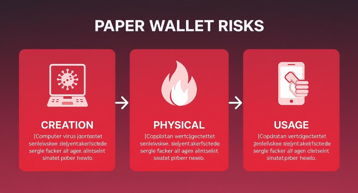 Illustration der Risiken von Papier-Wallets: Virus bei Erstellung, physische Zerstörung und Nutzungsfehler.