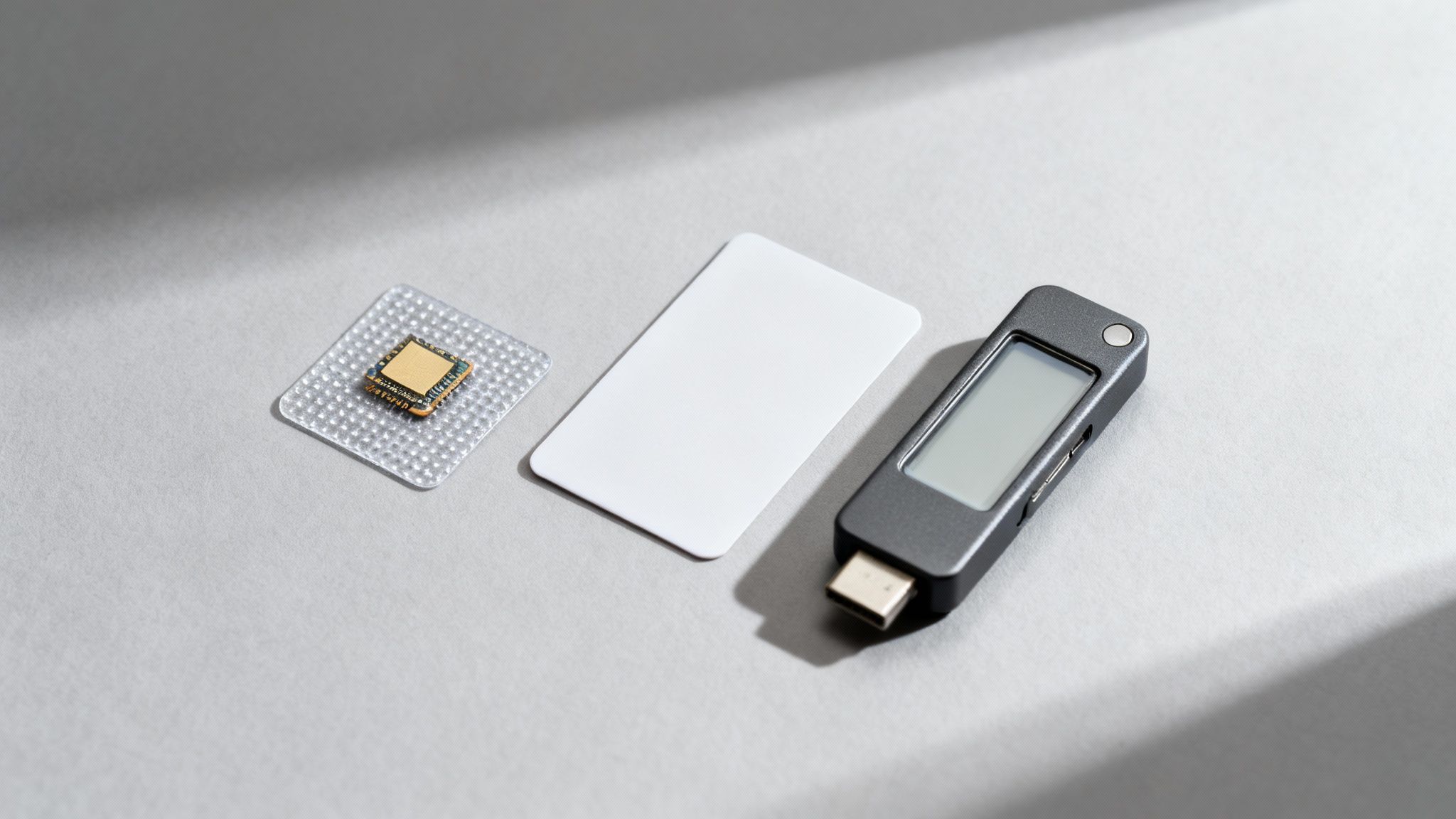Nahaufnahme eines Chips, einer Blanko-Karte und eines Hardware-Wallets für Kryptowährungen auf hellem Tisch.