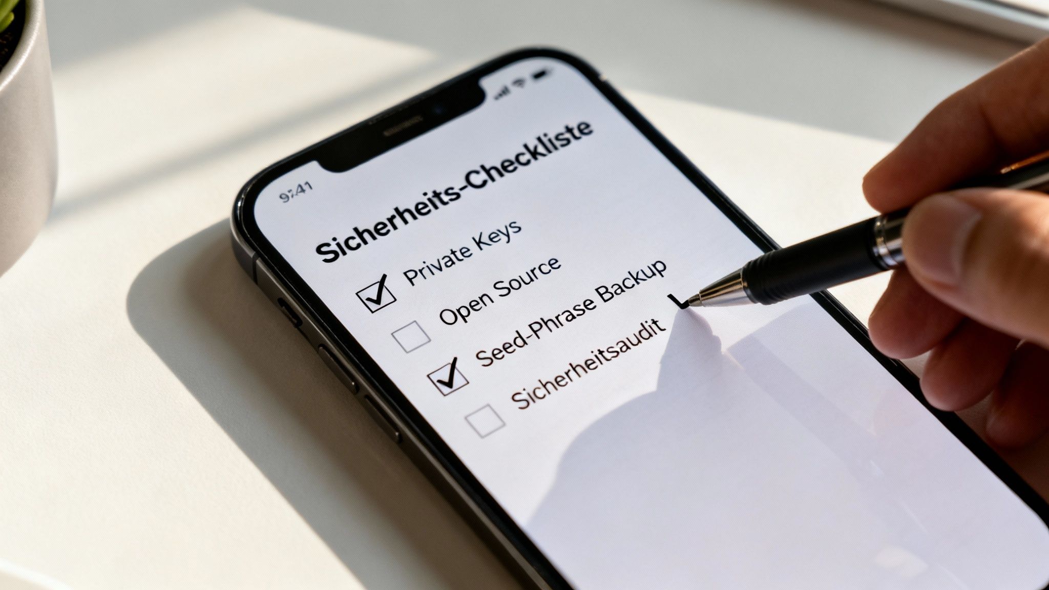 Ein Smartphone zeigt eine Sicherheits-Checkliste, die mit einem Stift abgehakt wird.