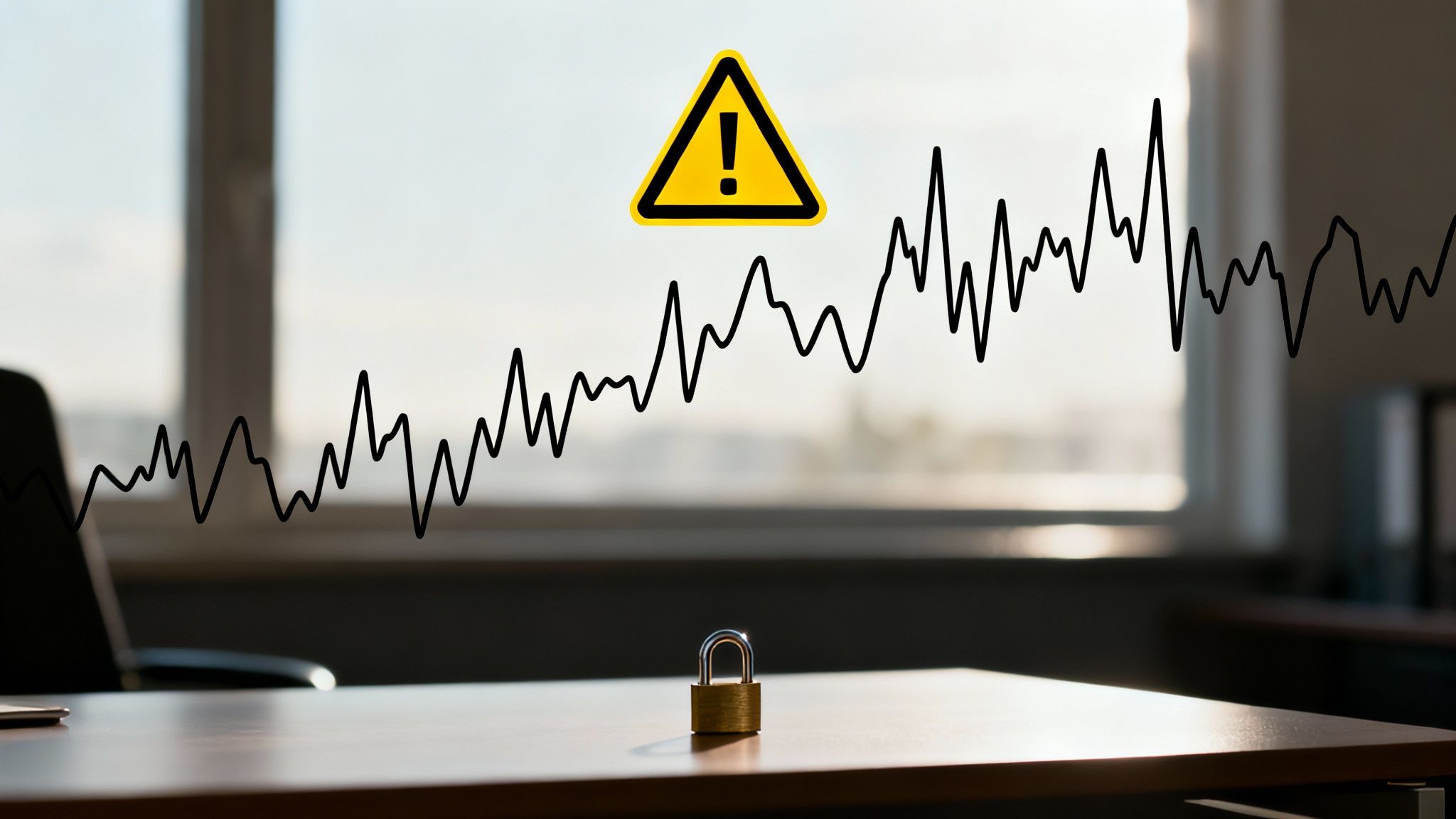 Cybersicherheitswarnung mit gelbem Warnzeichen, volatiler Kursgrafik und Vorhängeschloss symbolisiert Risiken bei digitalen Finanzgeschäften
