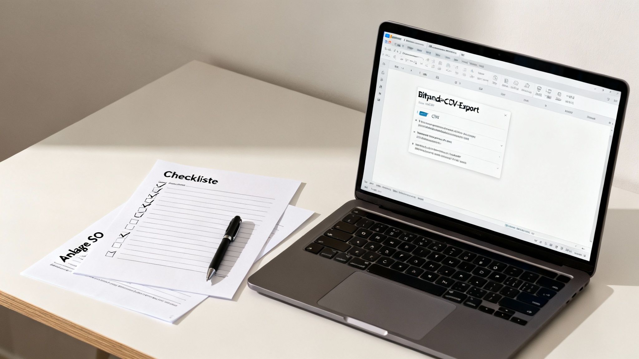 Laptop mit offenem Dokument zu Bitpanda-Export, daneben Checklisten und Stift auf einem Schreibtisch.