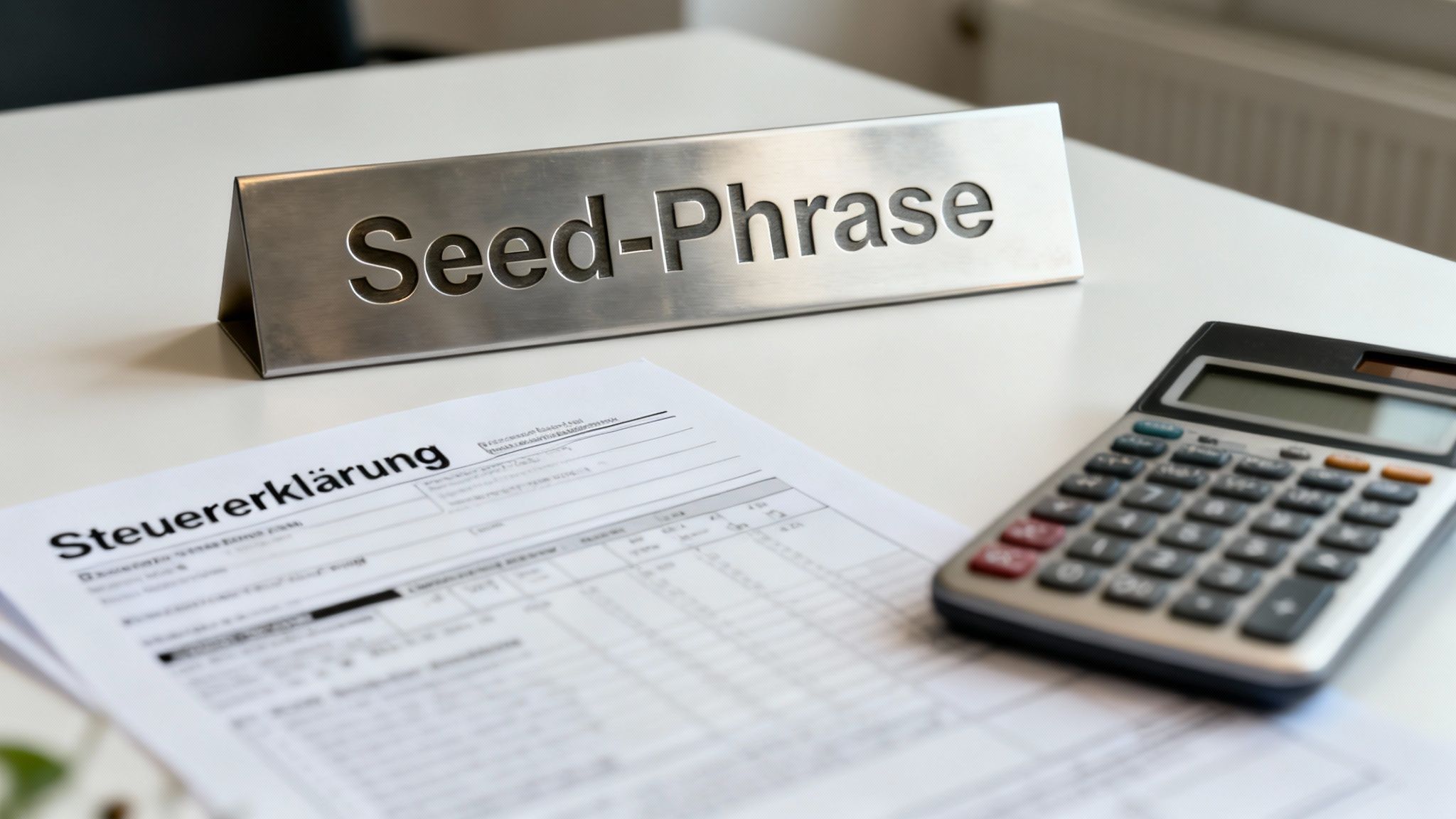 Seed-Phrase Schild auf Schreibtisch mit Steuererklärung und Taschenrechner für Kryptowährung Steuern