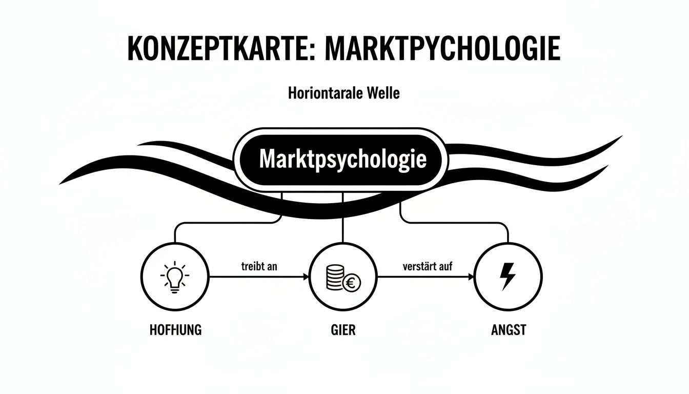 Konzeptkarte zur Marktpsychologie, die Hoffnung, Gier und Angst im Marktzyklus visualisiert.