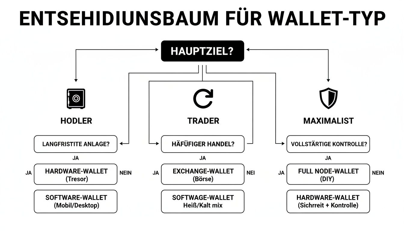 Ein Entscheidungsbaum, der die Wahl des passenden Krypto-Wallet-Typs basierend auf Zielen darstellt.