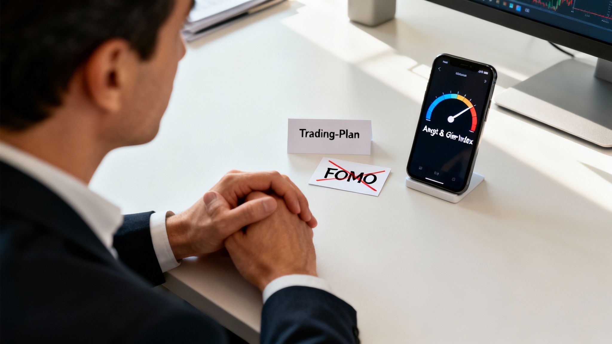 Mann am Schreibtisch mit Trading-Plan, gekreuztem FOMO und Angst- & Gier-Index auf Smartphone für diszipliniertes Trading.