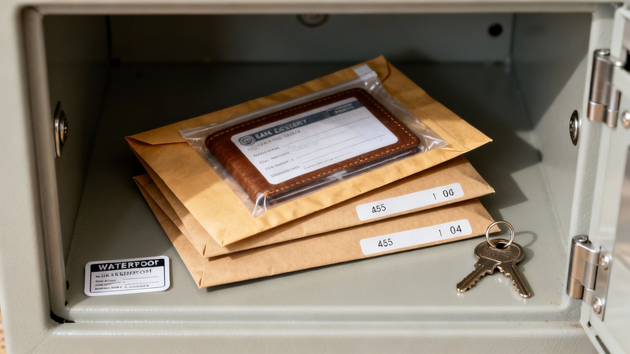 Ein altes, aufgeschlagenes Buch, in dem ein Paper Wallet versteckt ist, liegt in einem Tresor