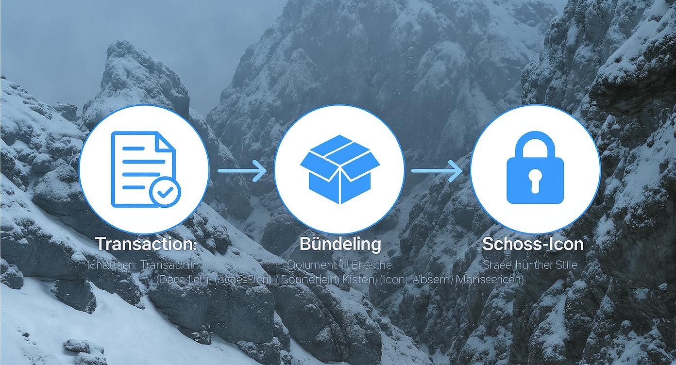Blockchain-Transaktionsprozess zeigt drei Schritte: Transaktion, Bündelung und Verschlüsselung mit Schloss-Symbol