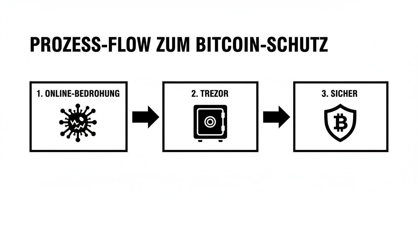 Prozess-Fluss zum Bitcoin-Schutz: Von Online-Bedrohung über Trezor-Hardware-Wallet zu sicheren Bitcoin.
