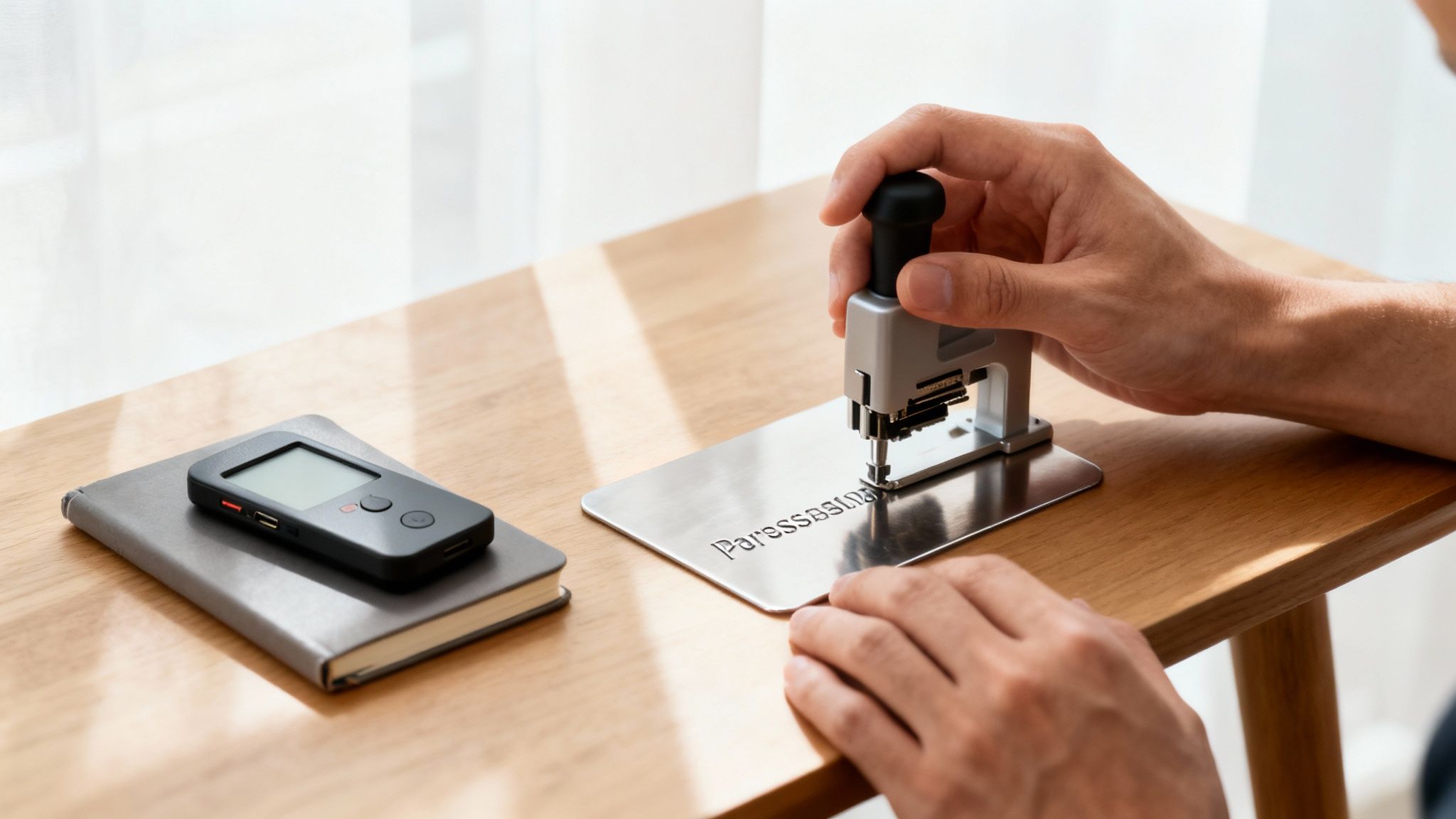 Eine Person prägt mit einer Stempelmaschine einen Begriff in eine Metallplatte ein, neben einem digitalen Gerät.