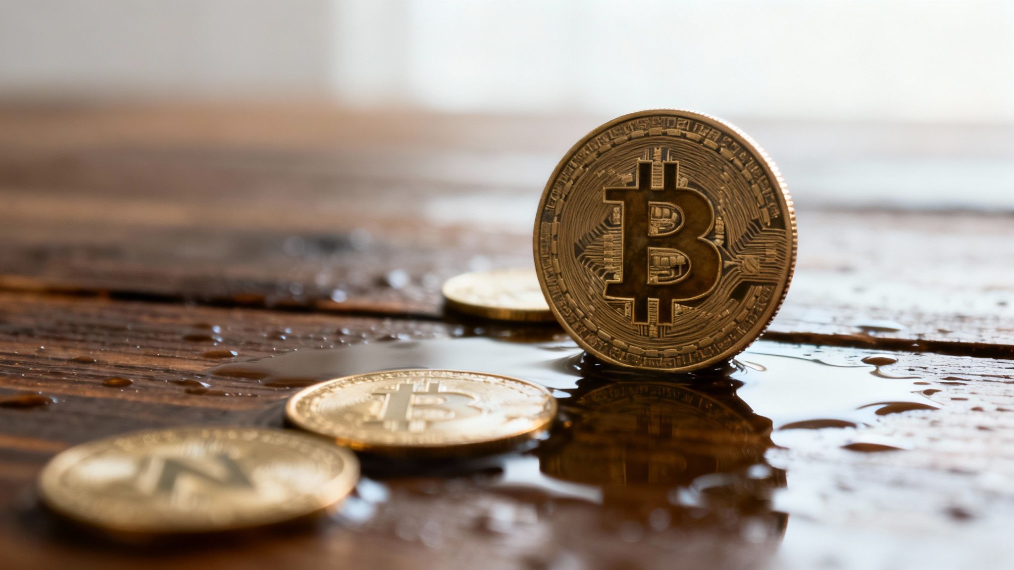 Ein großes Containerschiff (Bitcoin) in einem stürmischen Meer, umgeben von kleineren Booten (Altcoins), die von den Wellen hin und her geworfen werden