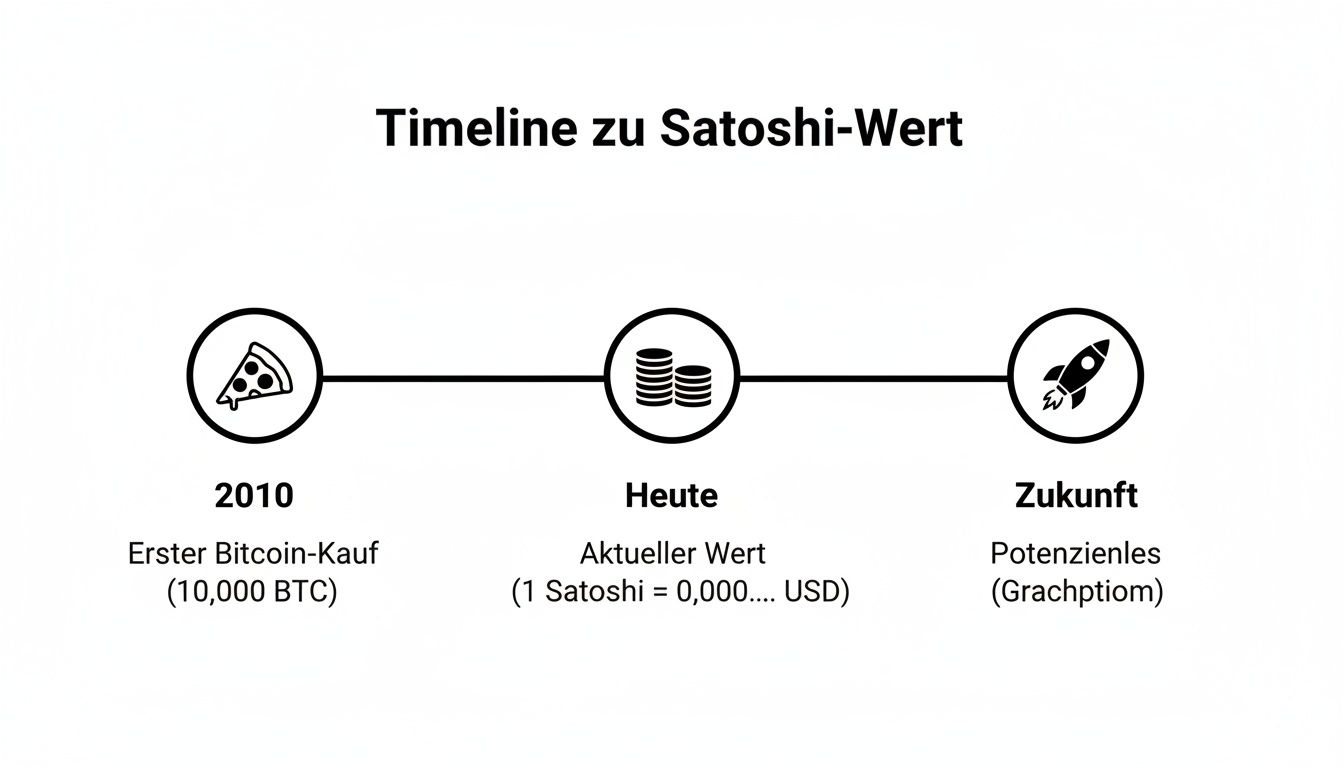 Eine Zeitleiste zeigt die historische und potenzielle Wertentwicklung von Satoshi und Bitcoin von 2010 bis heute und in die Zukunft.