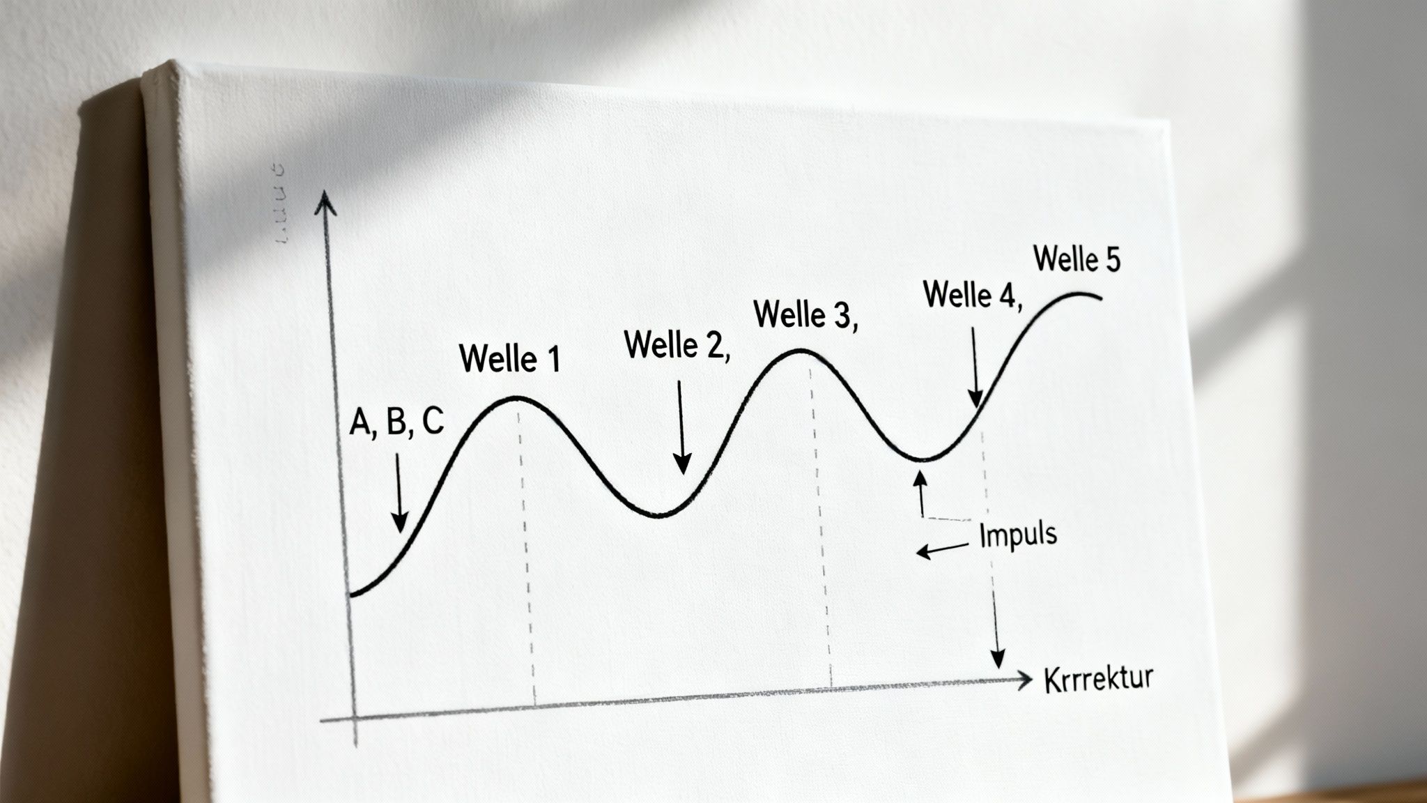 Diagramm zur Elliott-Wellen-Analyse mit Impuls- und Korrekturwellen (Welle 1-5, A,B,C).