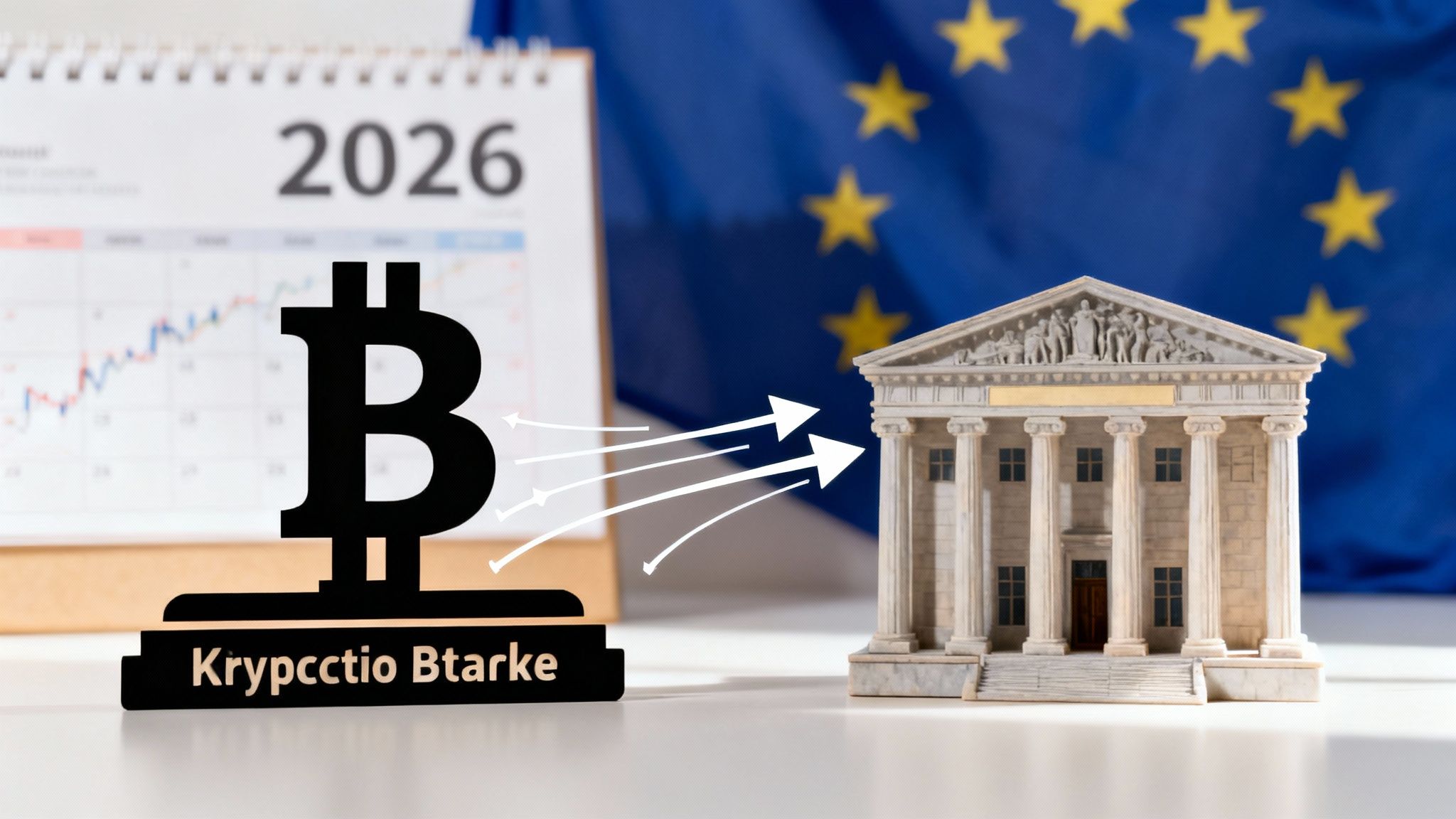 Bitcoin-Symbol mit Pfeilen zu einem Bankgebäude vor EU-Flagge und Kalender 2026.