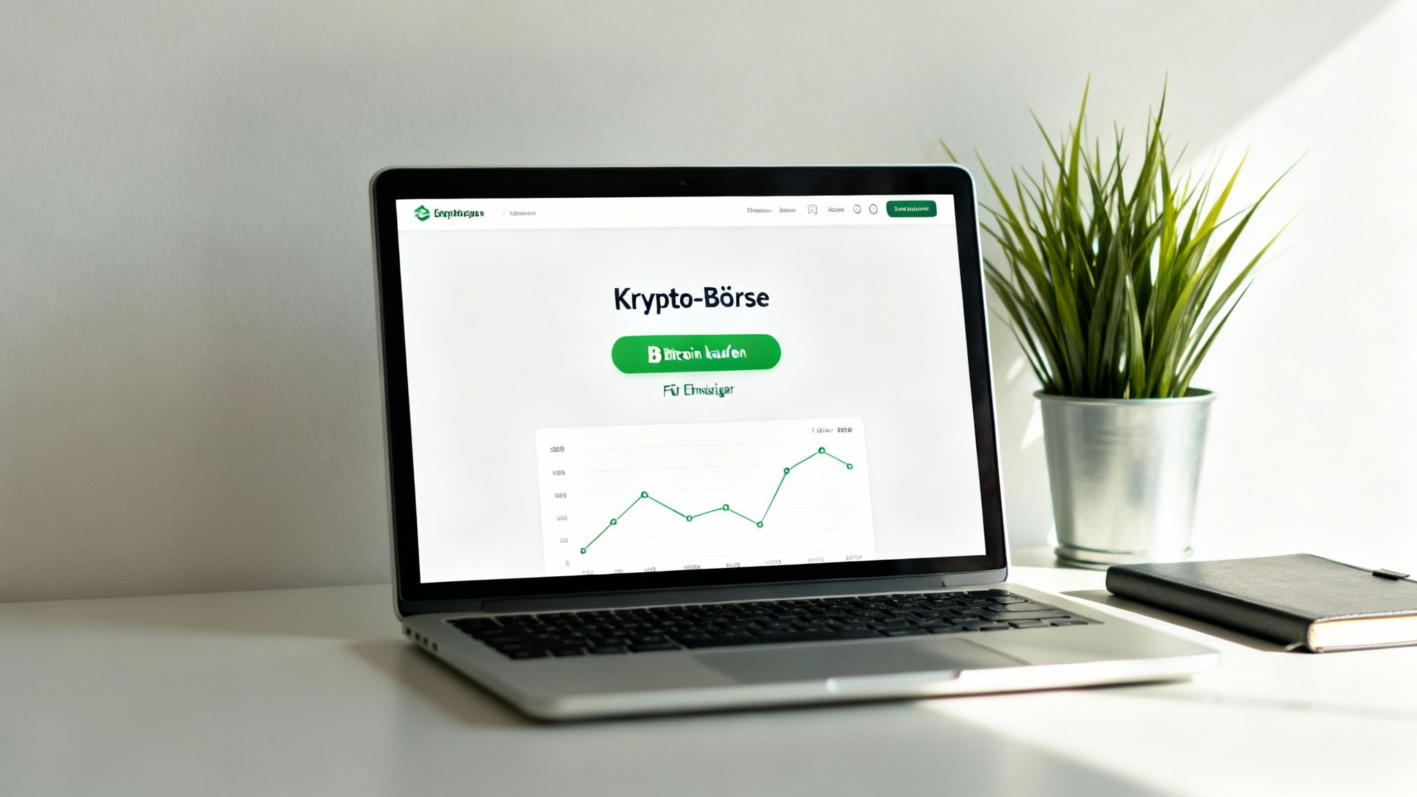 Laptop auf einem Schreibtisch zeigt eine Krypto-Börsen-Website mit Bitcoin kaufen Button und Kursgrafik.