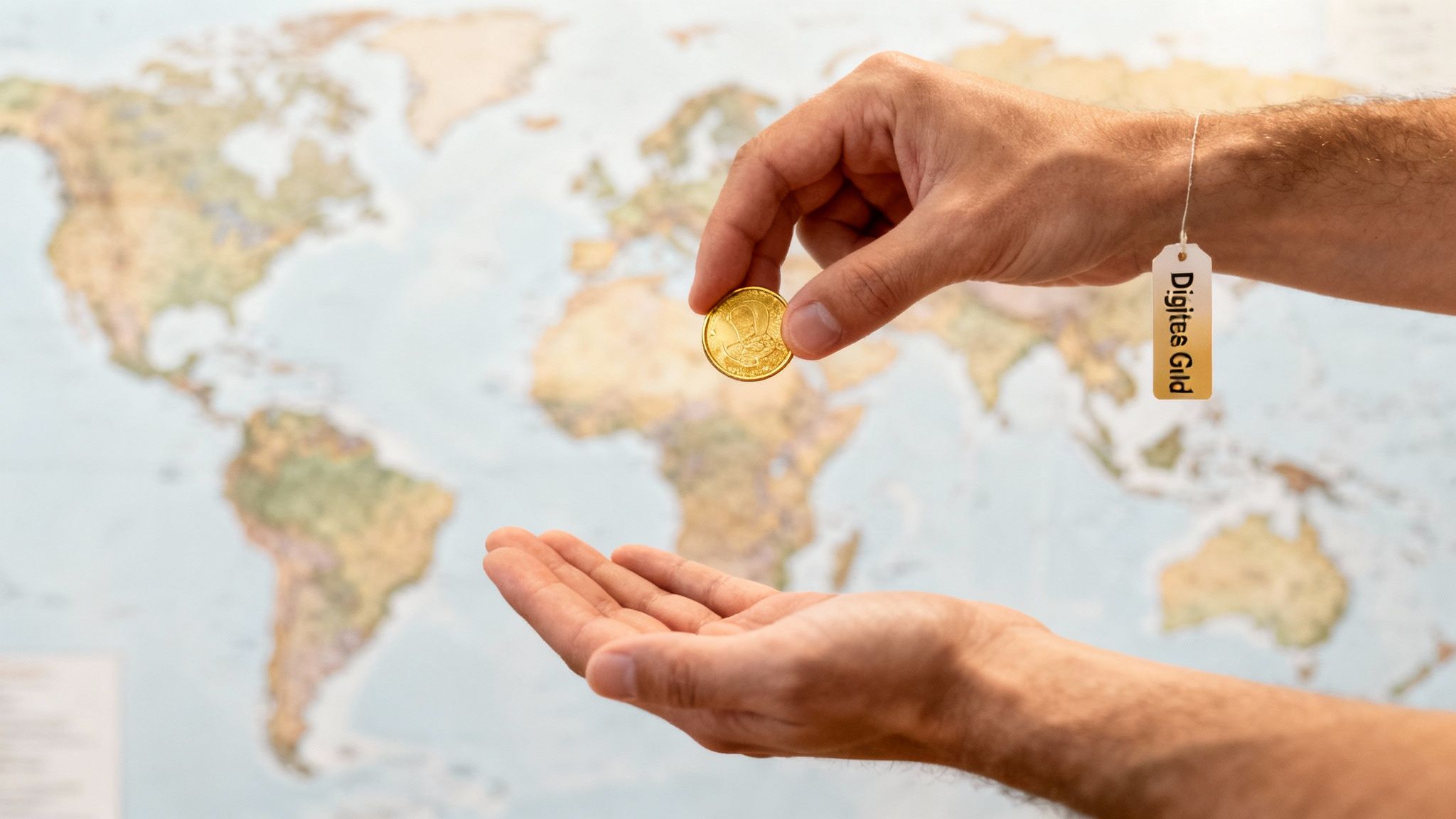 Eine Hand hält eine goldene Münze mit der Aufschrift "Digites Gild" über einer anderen offenen Hand vor einer Weltkarte.