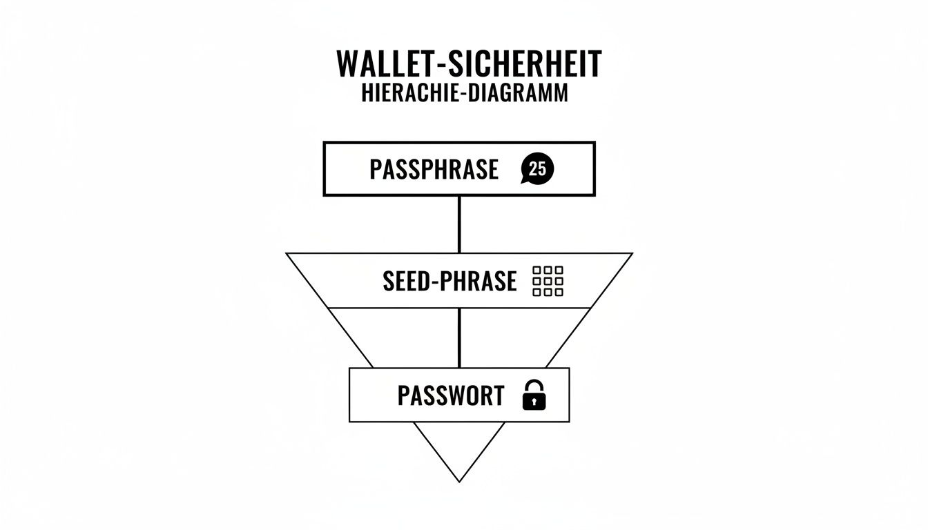 Hierarchie-Diagramm zur Wallet-Sicherheit, das Passphrase, Seed-Phrase und Passwort in absteigender Reihenfolge darstellt.
