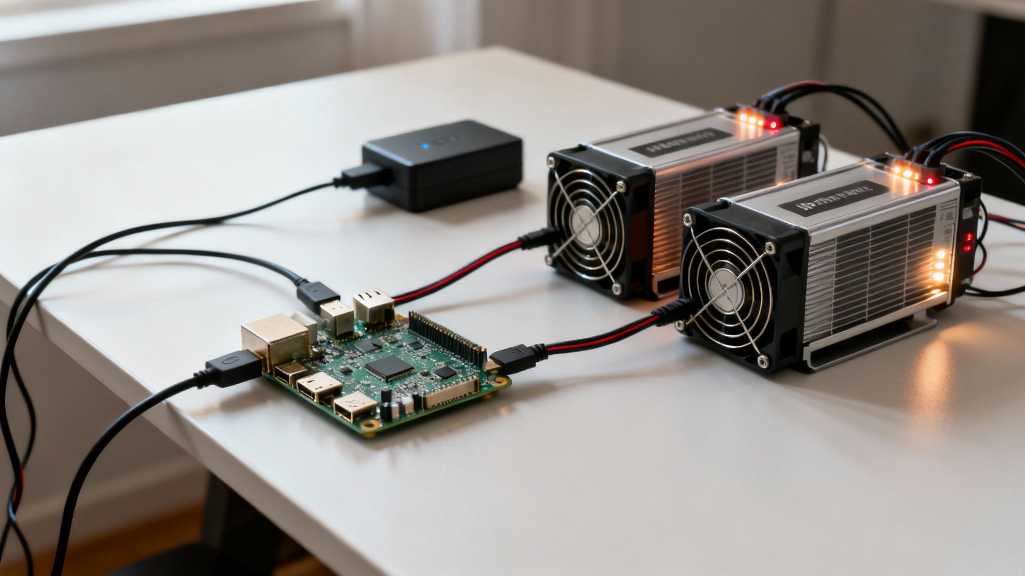 Raspberry Pi mit zwei orange leuchtenden Bitcoin-Minern und einem schwarzen Netzteil auf einem Schreibtisch.