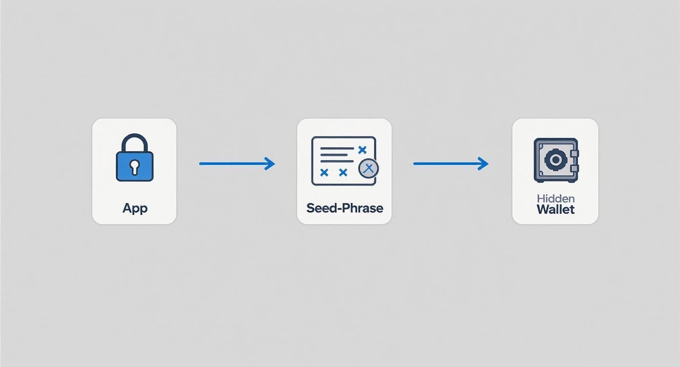Ein Diagramm zeigt den Prozess, wie eine App über eine Seed-Phrase zu einer versteckten Wallet führt.