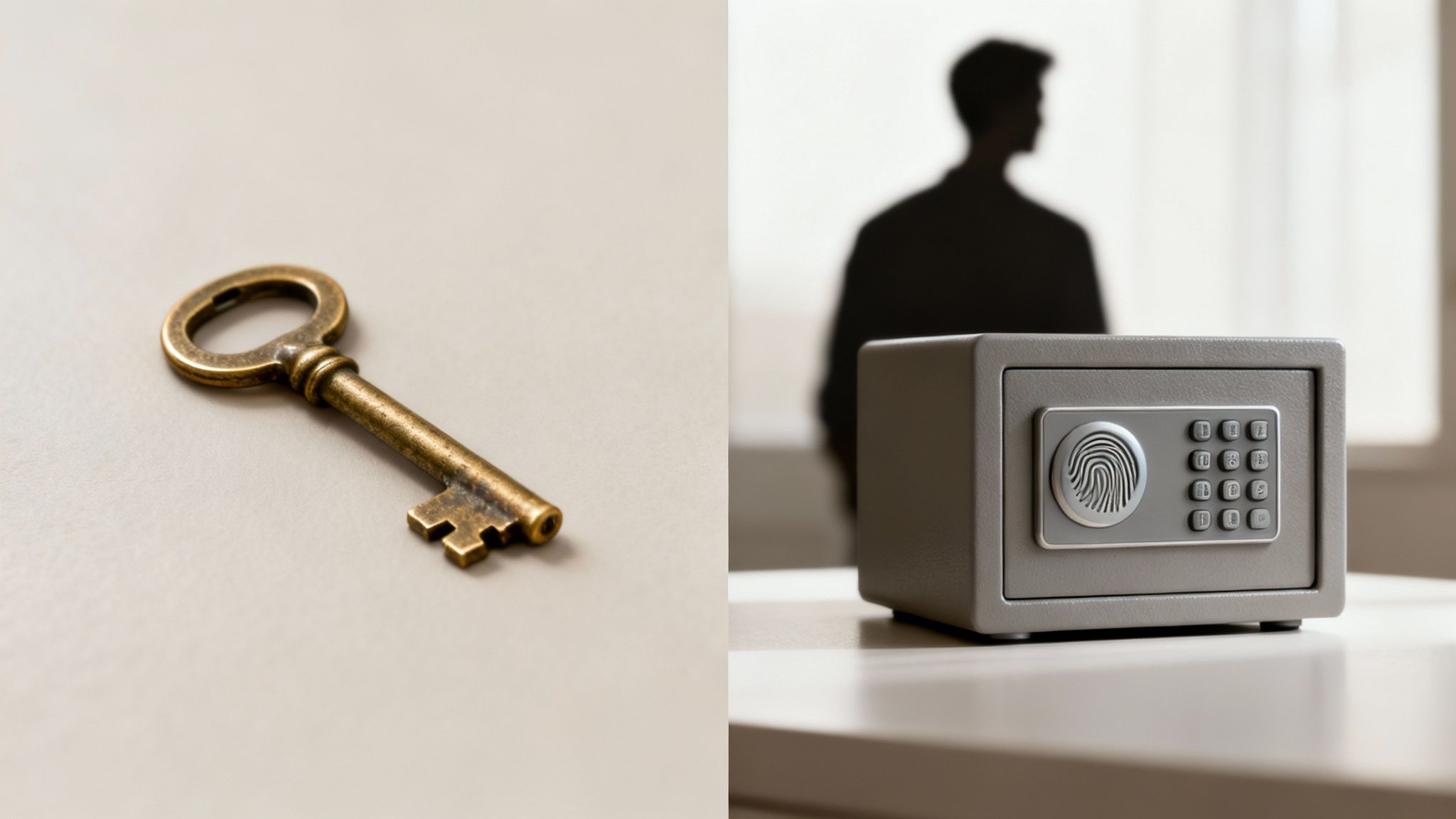 Ein antiker Schlüssel liegt neben einem modernen digitalen Safe mit Fingerabdruckscanner und Tastatur.