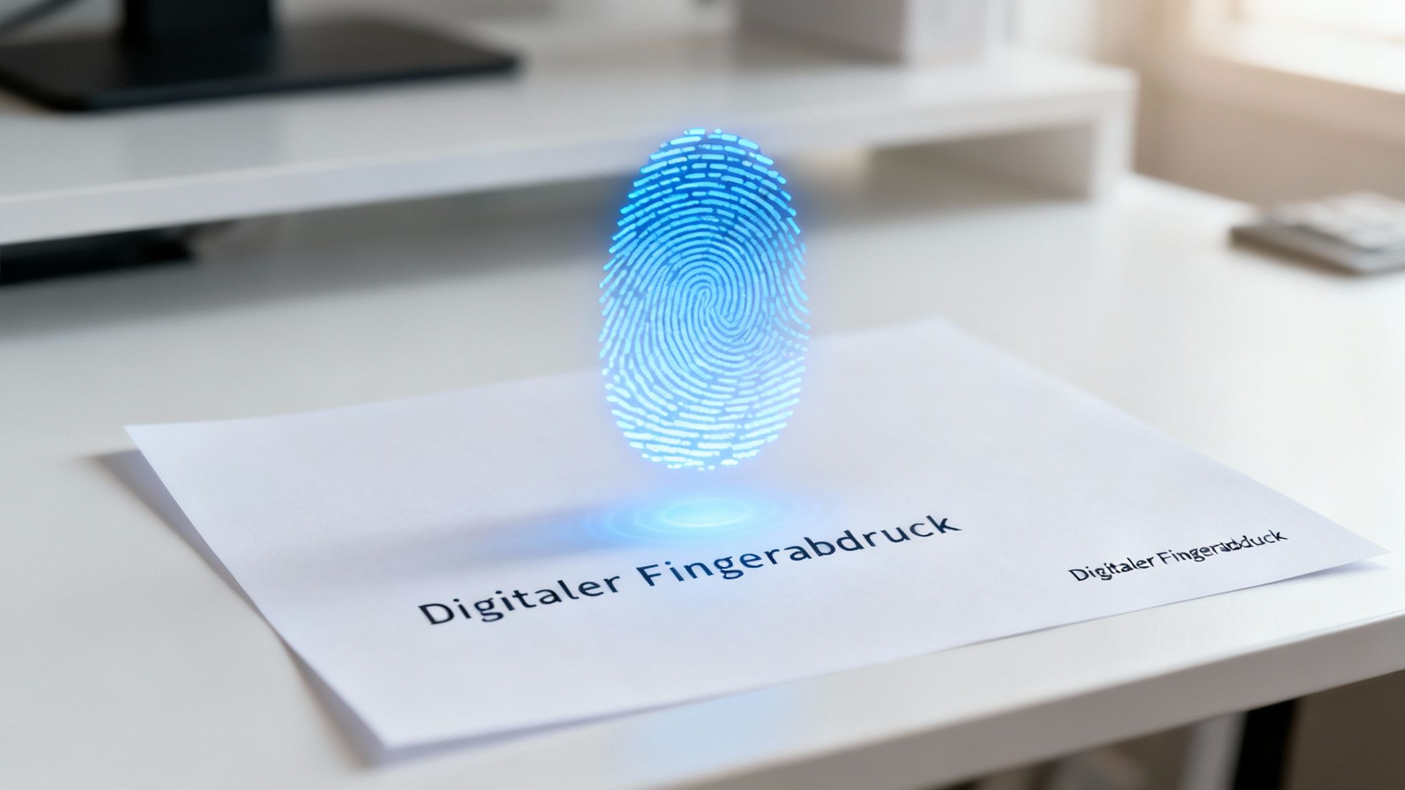 Digitaler Fingerabdruck als blaues Hologramm über einem Dokument auf einem weißen Schreibtisch.