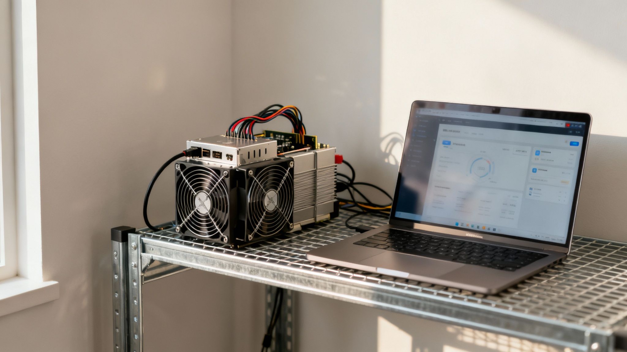 Ein Bitcoin-Mining-Rig und ein Laptop auf einem Metallregal in einem sonnigen Raum.