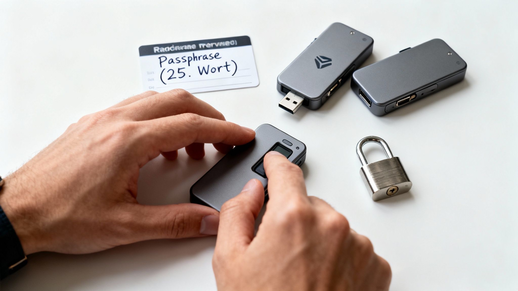 Hände bedienen eine Hardware-Wallet mit Fingerabdruckscanner, daneben liegen weitere Wallets, eine Passphrase und ein Vorhängeschloss.