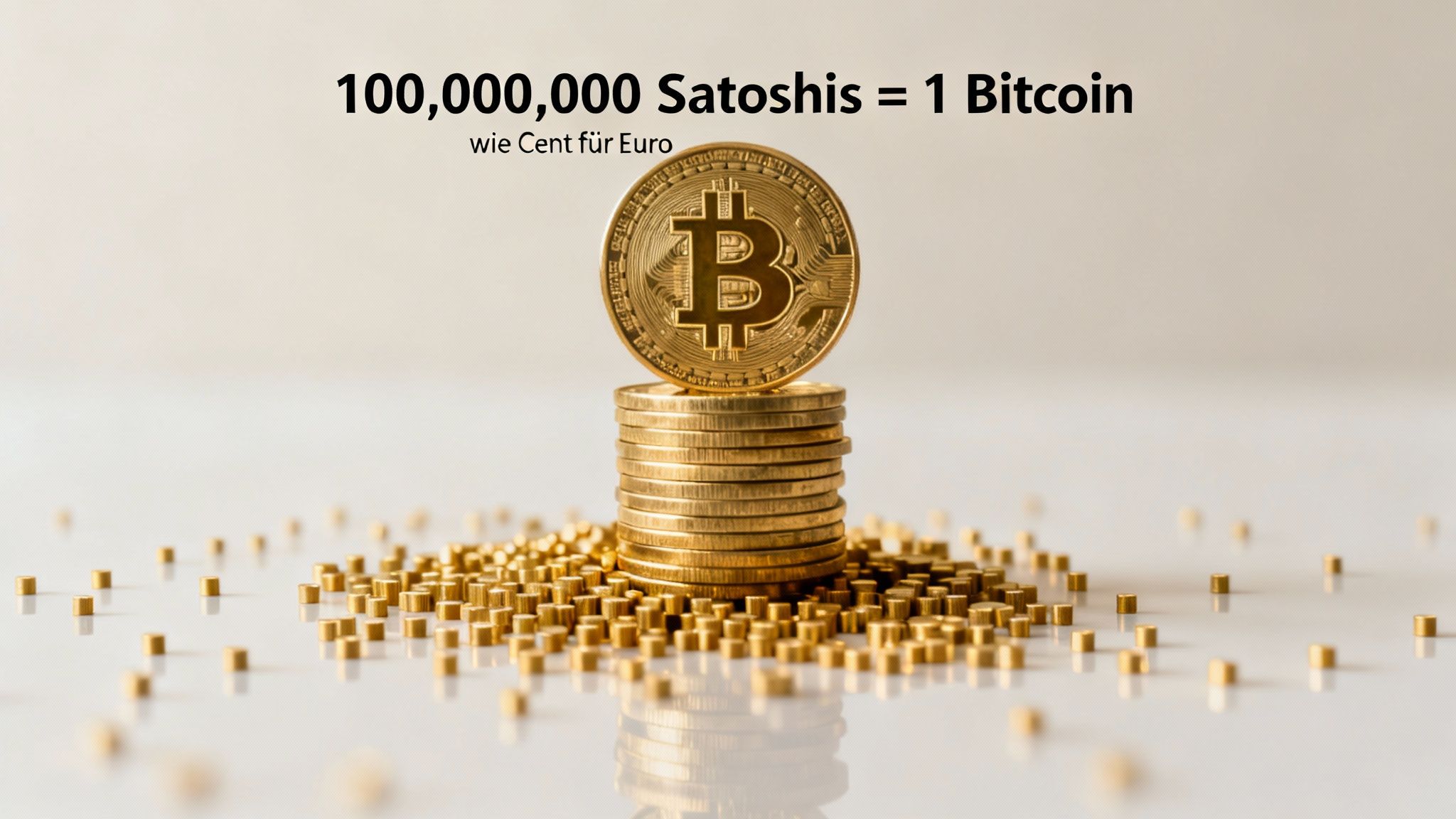 Ein goldener Bitcoin auf einem Stapel von Münzen und kleineren Goldwürfeln, erklärt Satoshis als Bitcoin-Einheit.