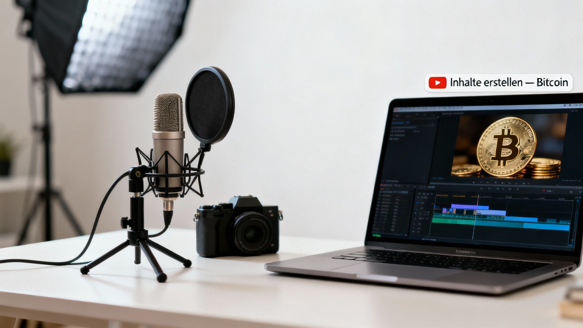 Ein Podcast-Setup mit Mikrofon, Kamera und Laptop, der ein Bitcoin-Video bearbeitet.