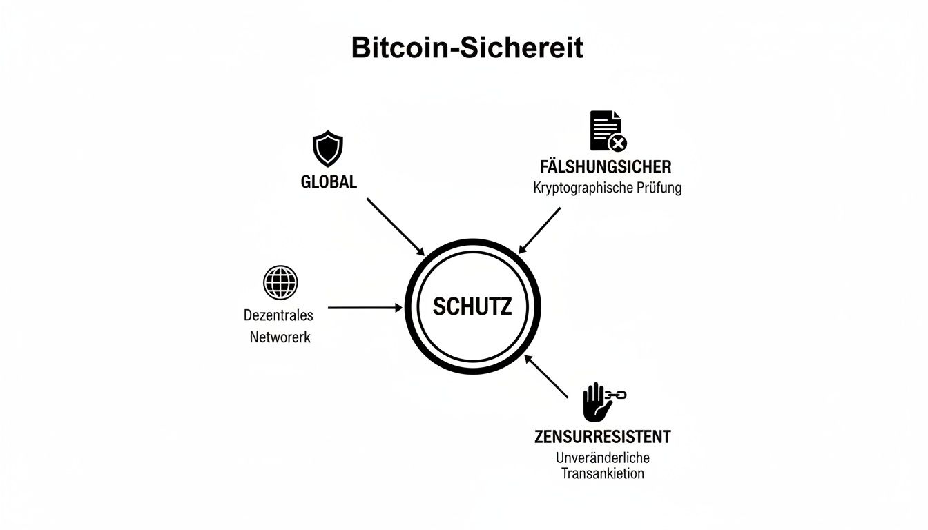 Diagramm zur Bitcoin-Sicherheit, das Schutz durch globale Präsenz, dezentrales Netzwerk, Fälschungssicherheit und Zensurresistenz erklärt.