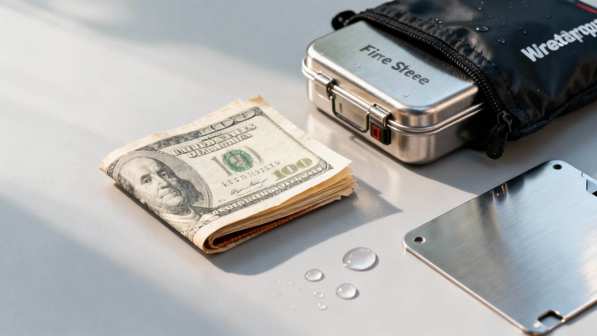 Auf einem hellen Tisch liegen gefaltete 100-Dollar-Scheine neben einer wasserdichten Tasche mit Metallbox und Wassertropfen.