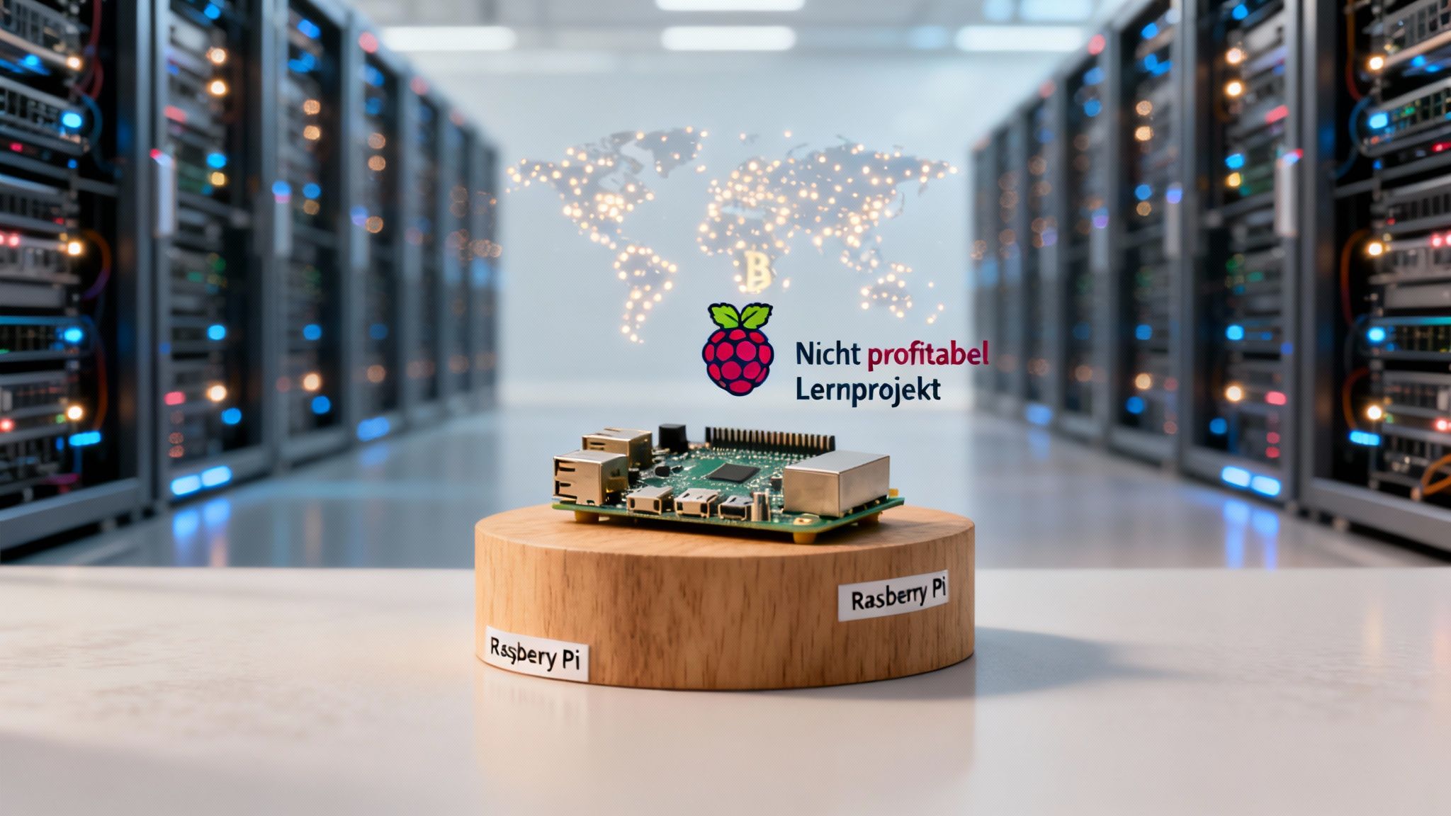 Ein Raspberry Pi auf einem Holzsockel in einem Serverraum, symbolisiert ein unrentables Bitcoin-Mining-Lernprojekt.