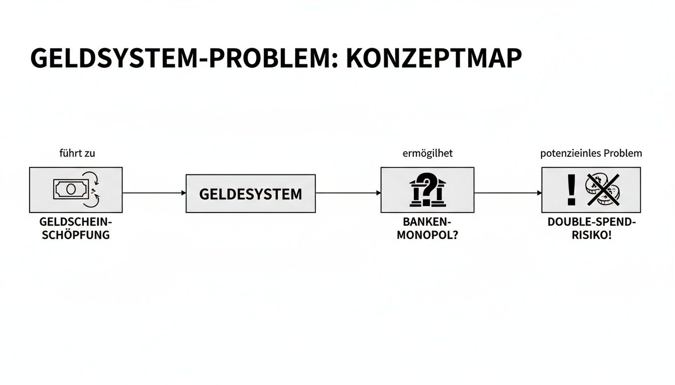 Konzeptkarte zum Geldsystem-Problem, das Geldscheinschöpfung, Geldsystem, Bankenmonopol und Double-Spend-Risiko darstellt.