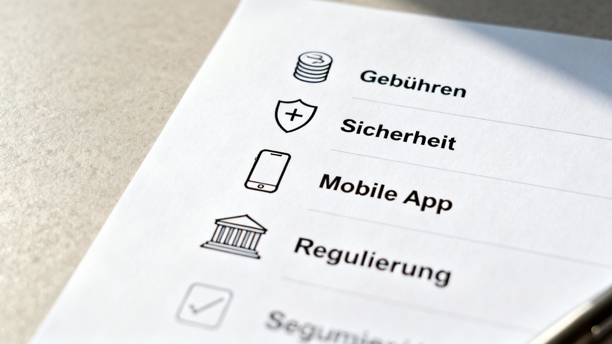 Nahaufnahme einer Liste auf Papier mit Symbolen für Gebühren, Sicherheit, mobile App und Regulierung.