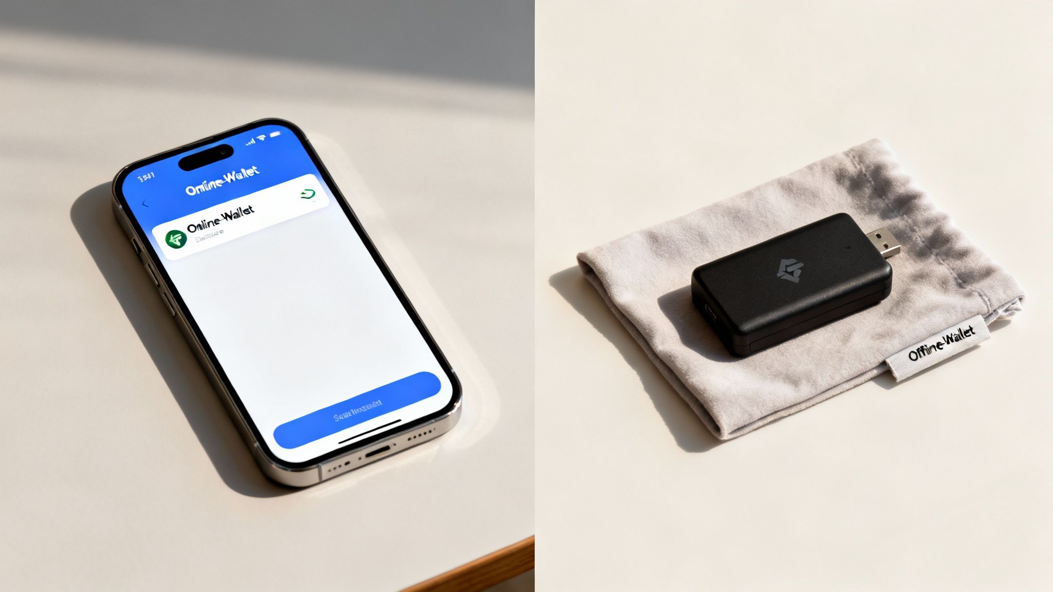 Ein Smartphone zeigt eine Online-Wallet-App und ein schwarzes USB-Gerät mit der Aufschrift Offline-Wallet auf einem Beutel.