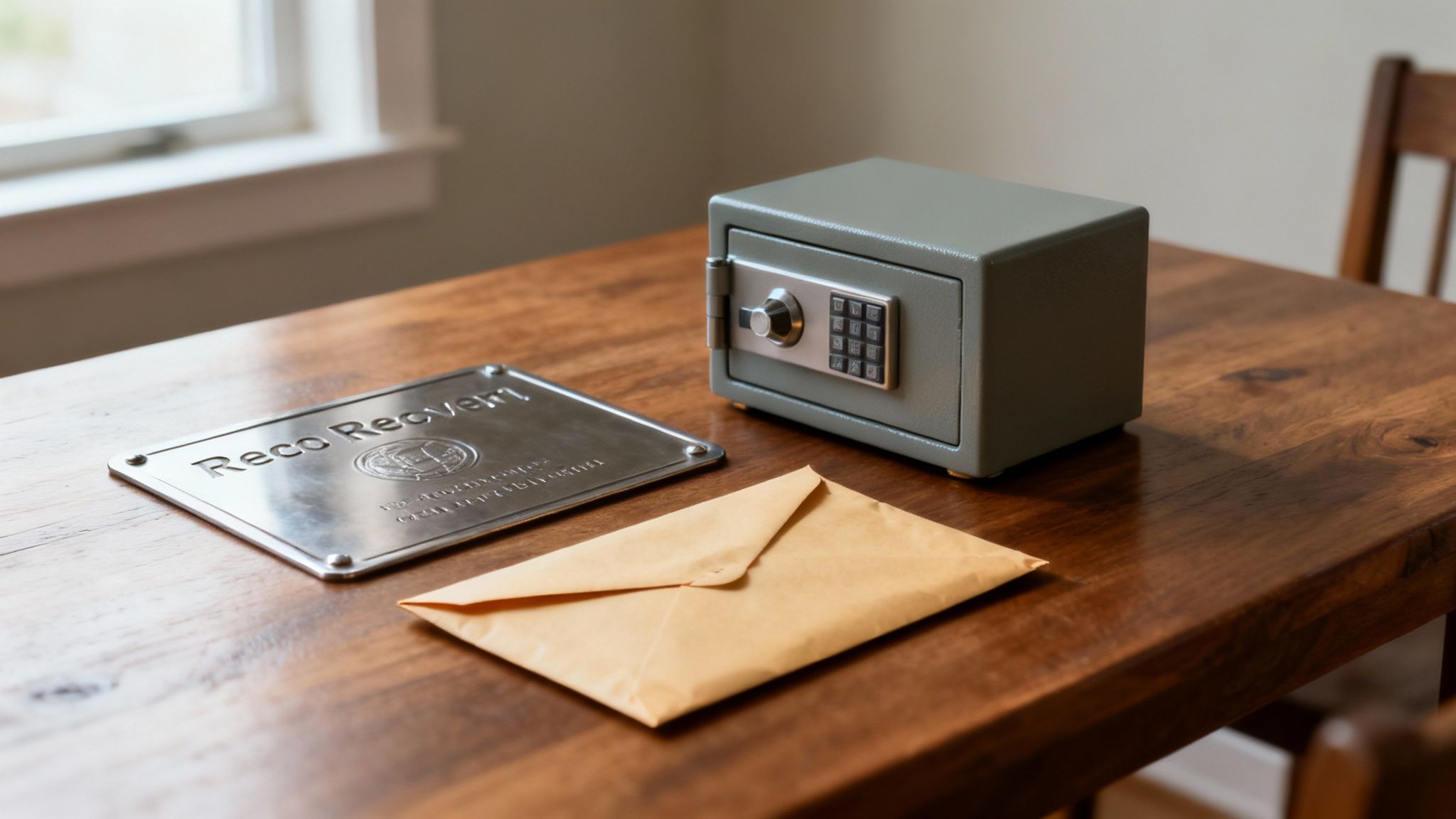 Ein kleiner grauer Tresor, eine silberne Metallplakette und ein brauner Umschlag liegen auf einem Holztisch.