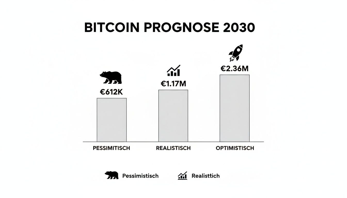 Balkendiagramm: Bitcoin-Prognose 2030. Pessimistisch 612K Euro, realistisch 1,17M Euro, optimistisch 2,36M Euro.