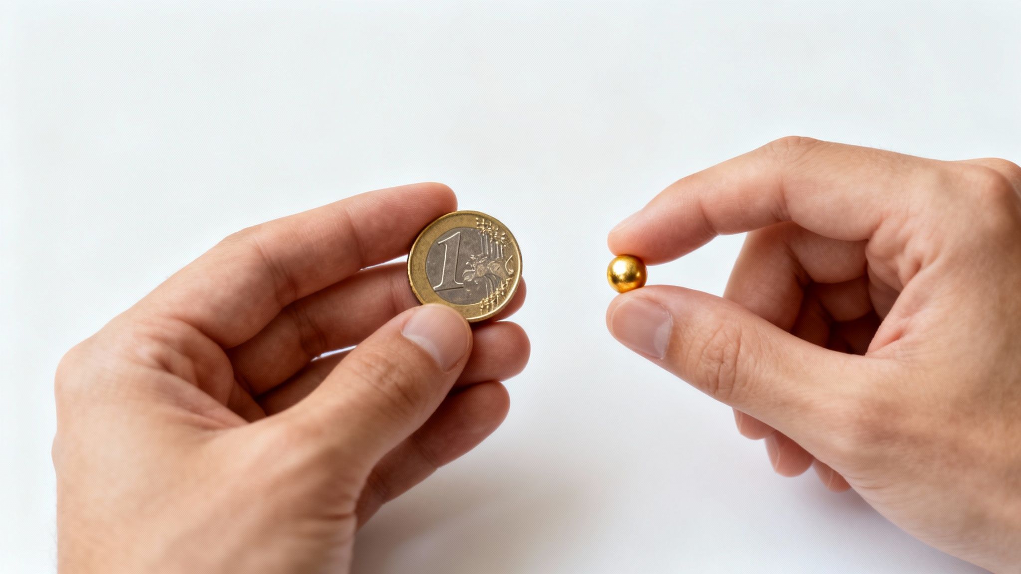 Zwei Hände präsentieren eine 1-Euro-Münze und eine kleine goldene Kugel auf weißem Grund.