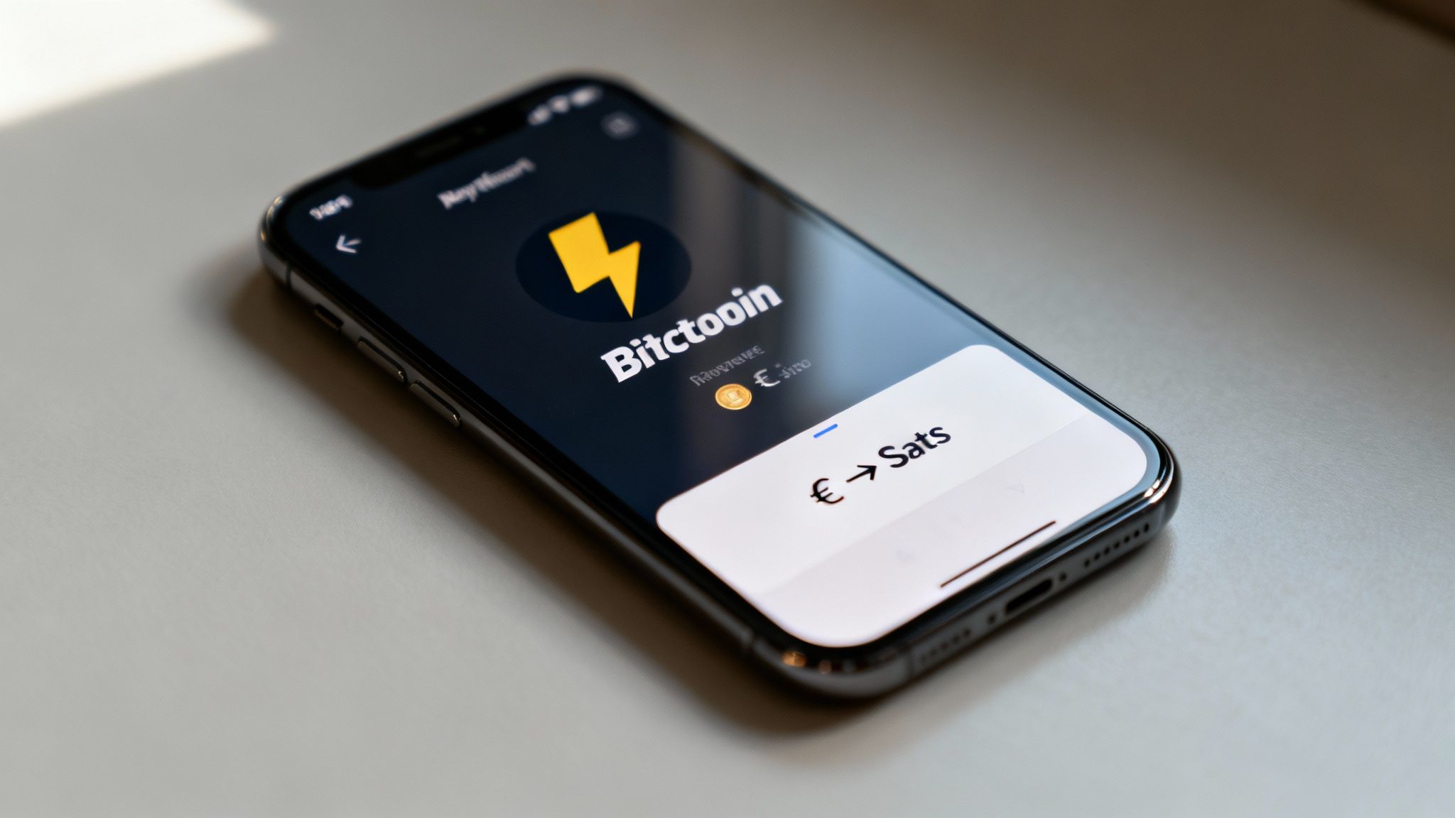 Eine Person, die eine Transaktion auf ihrem Smartphone durchführt, umgeben von digitalen Symbolen für Bitcoin und Euro