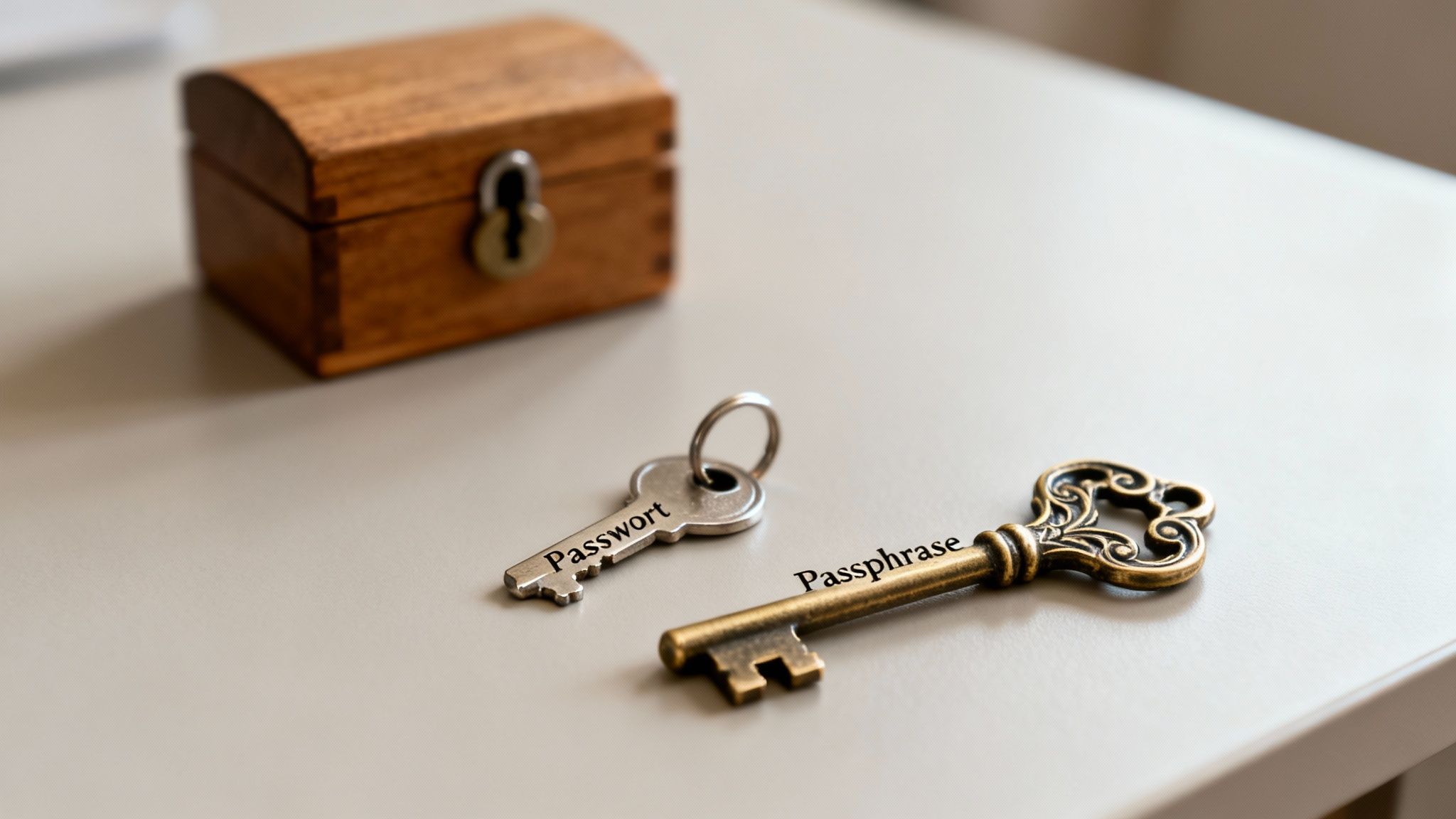 Zwei Schlüssel, beschriftet mit 'Passwort' und 'Passphrase', liegen vor einer unscharfen Holztruhe.