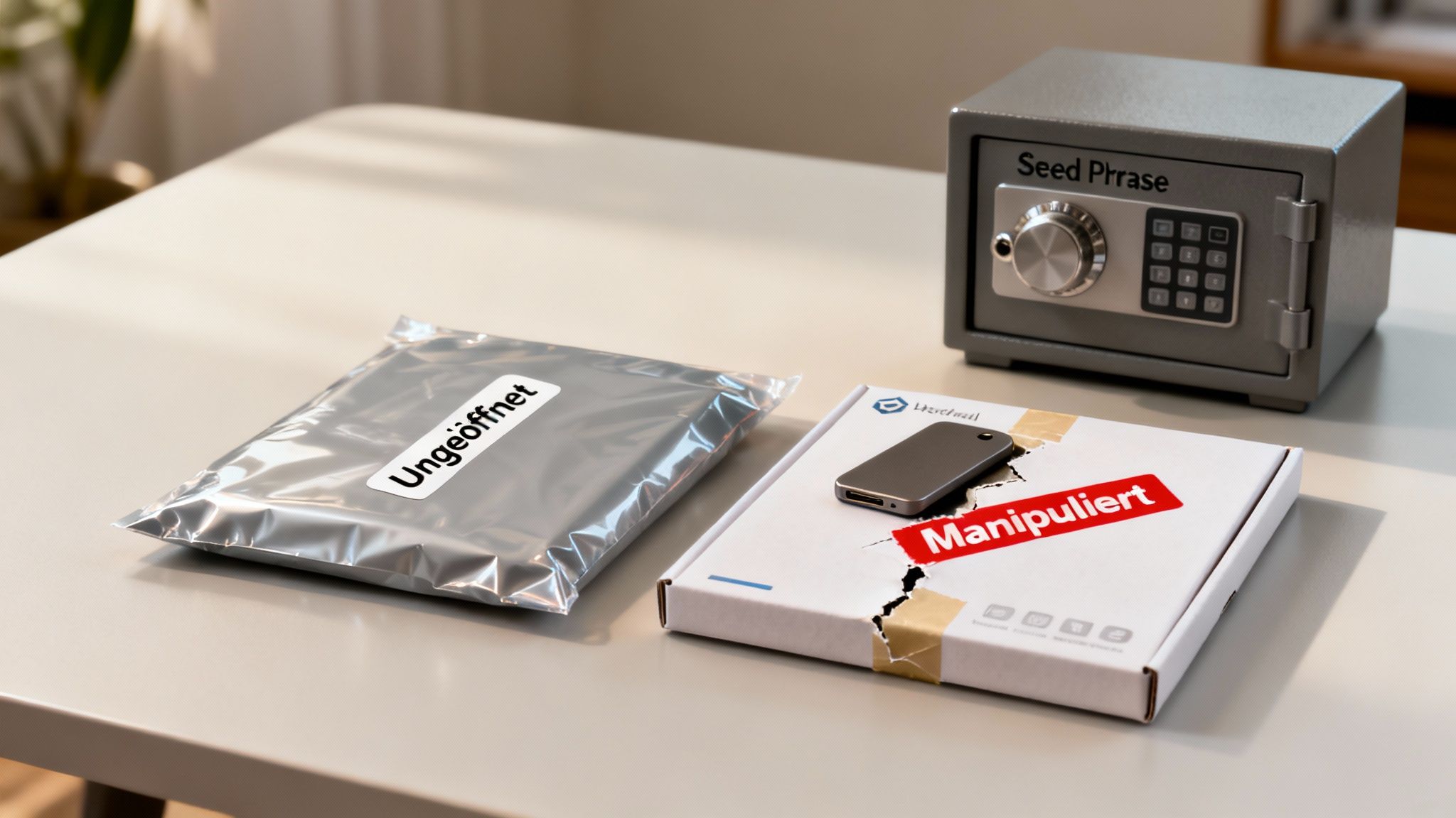 Ein Hardware-Wallet in einer manipulierten Verpackung neben einem ungeöffneten Paket und einem Safe für Seed-Phrasen.