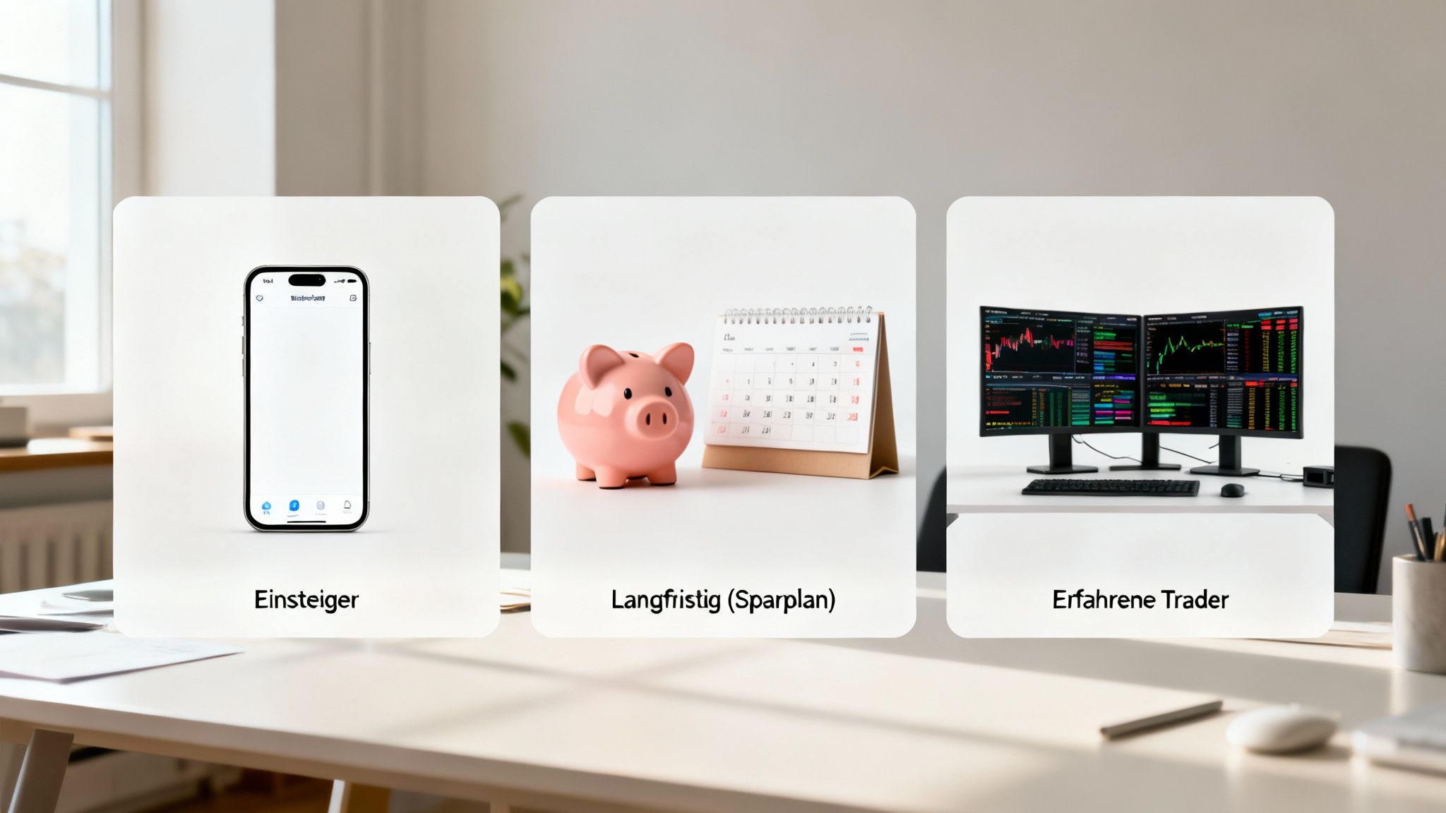 Drei Karten auf einem Schreibtisch zeigen verschiedene Anlegertypen: Einsteiger, langfristige Sparer und erfahrene Trader.
